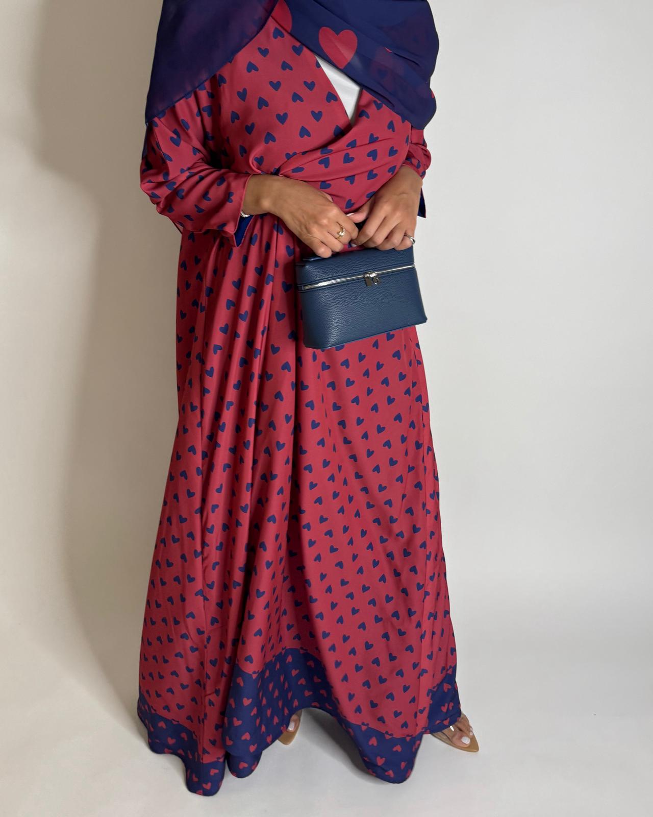A603 -  Pink & Blue Heart A-CUT Wrap Summery Abaya & Matching Head Scarf