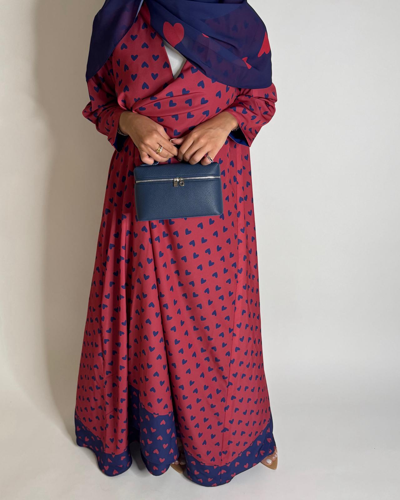 A603 -  Pink & Blue Heart A-CUT Wrap Summery Abaya & Matching Head Scarf