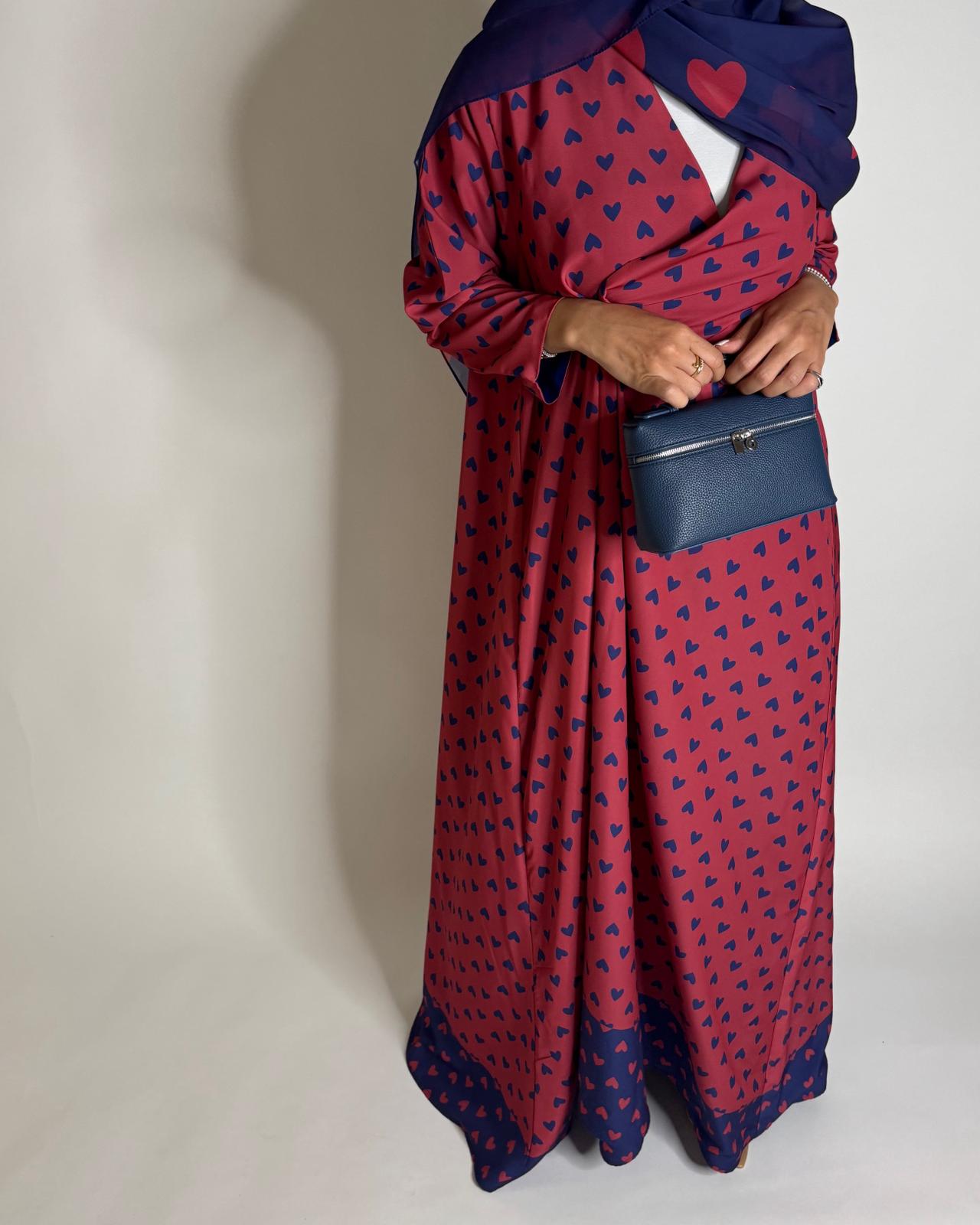 A603 -  Pink & Blue Heart A-CUT Wrap Summery Abaya & Matching Head Scarf