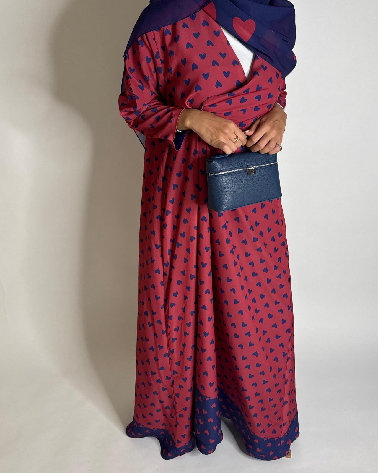 A603 -  Pink & Blue Heart A-CUT Wrap Summery Abaya & Matching Head Scarf