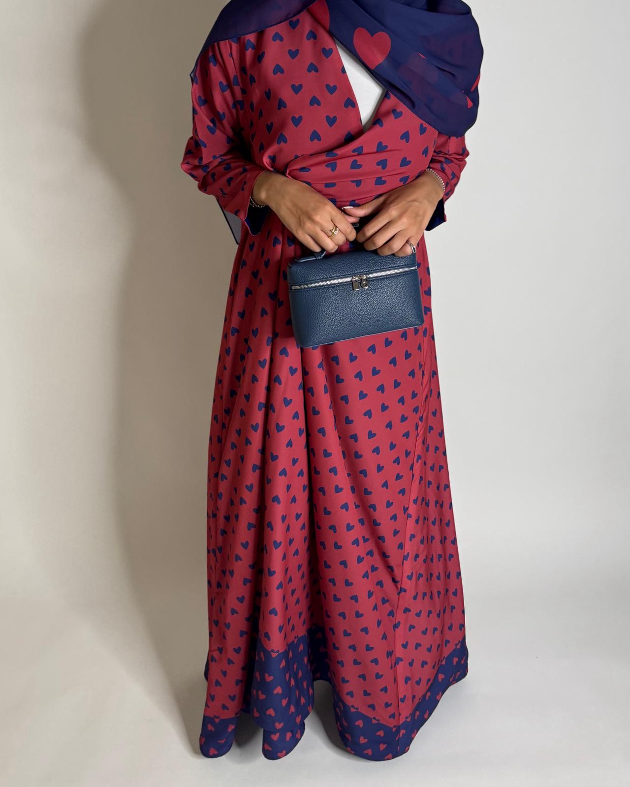 A603 -  Pink & Blue Heart A-CUT Wrap Summery Abaya & Matching Head Scarf
