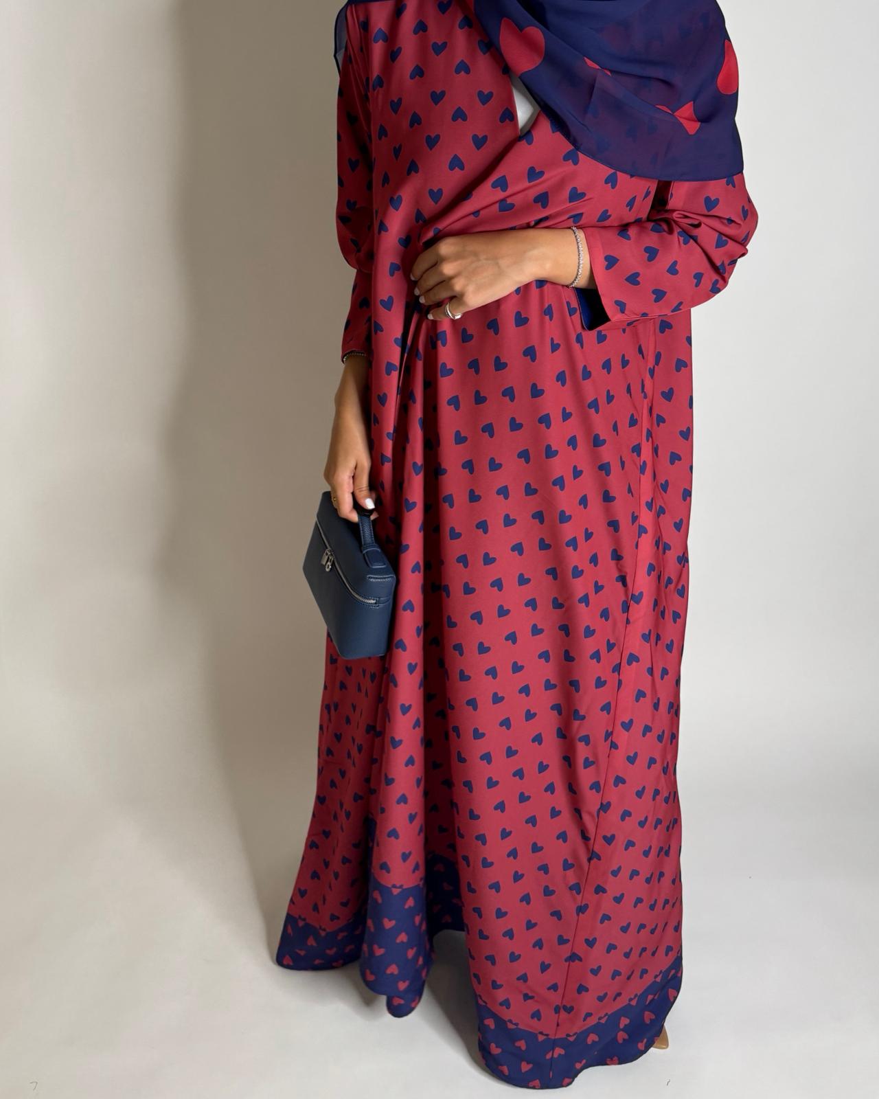 A603 -  Pink & Blue Heart A-CUT Wrap Summery Abaya & Matching Head Scarf