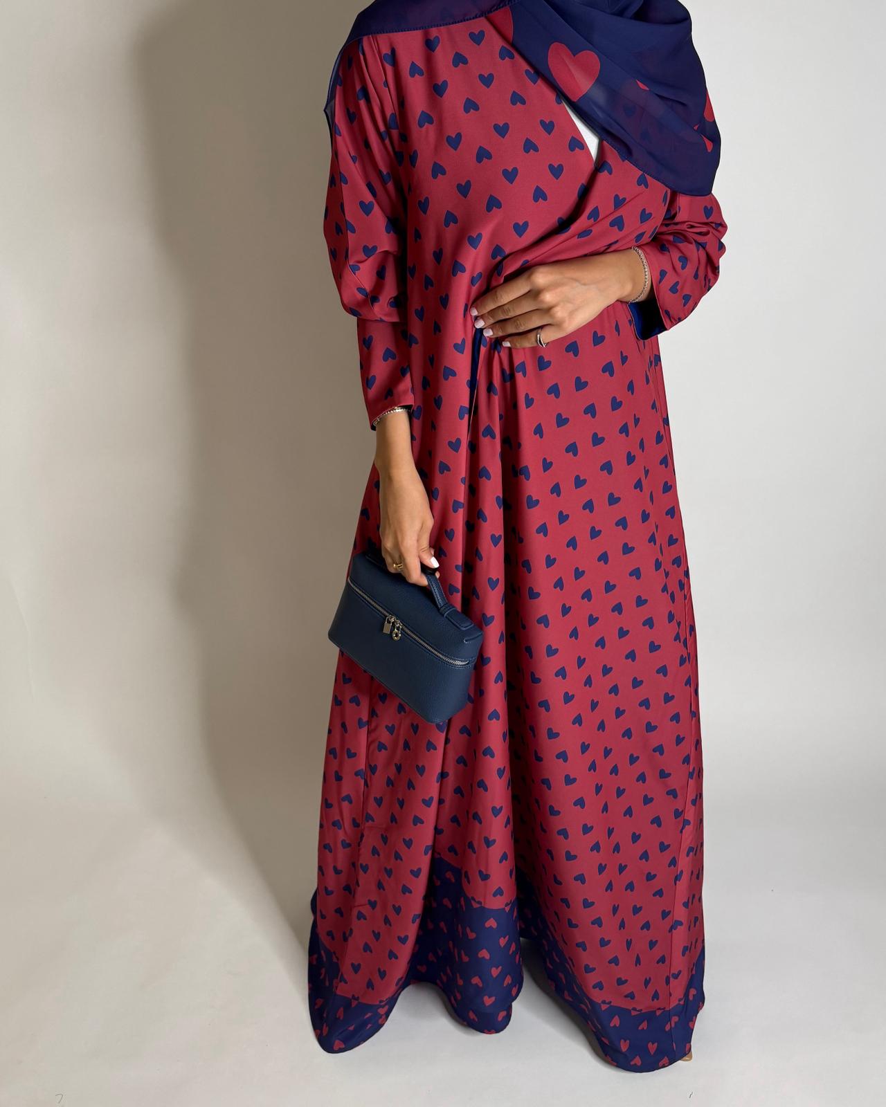 A603 -  Pink & Blue Heart A-CUT Wrap Summery Abaya & Matching Head Scarf
