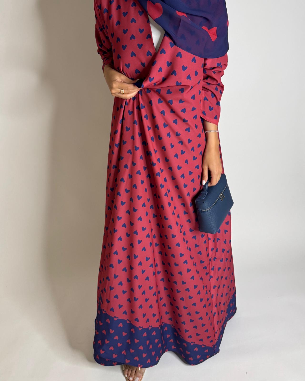 A603 -  Pink & Blue Heart A-CUT Wrap Summery Abaya & Matching Head Scarf