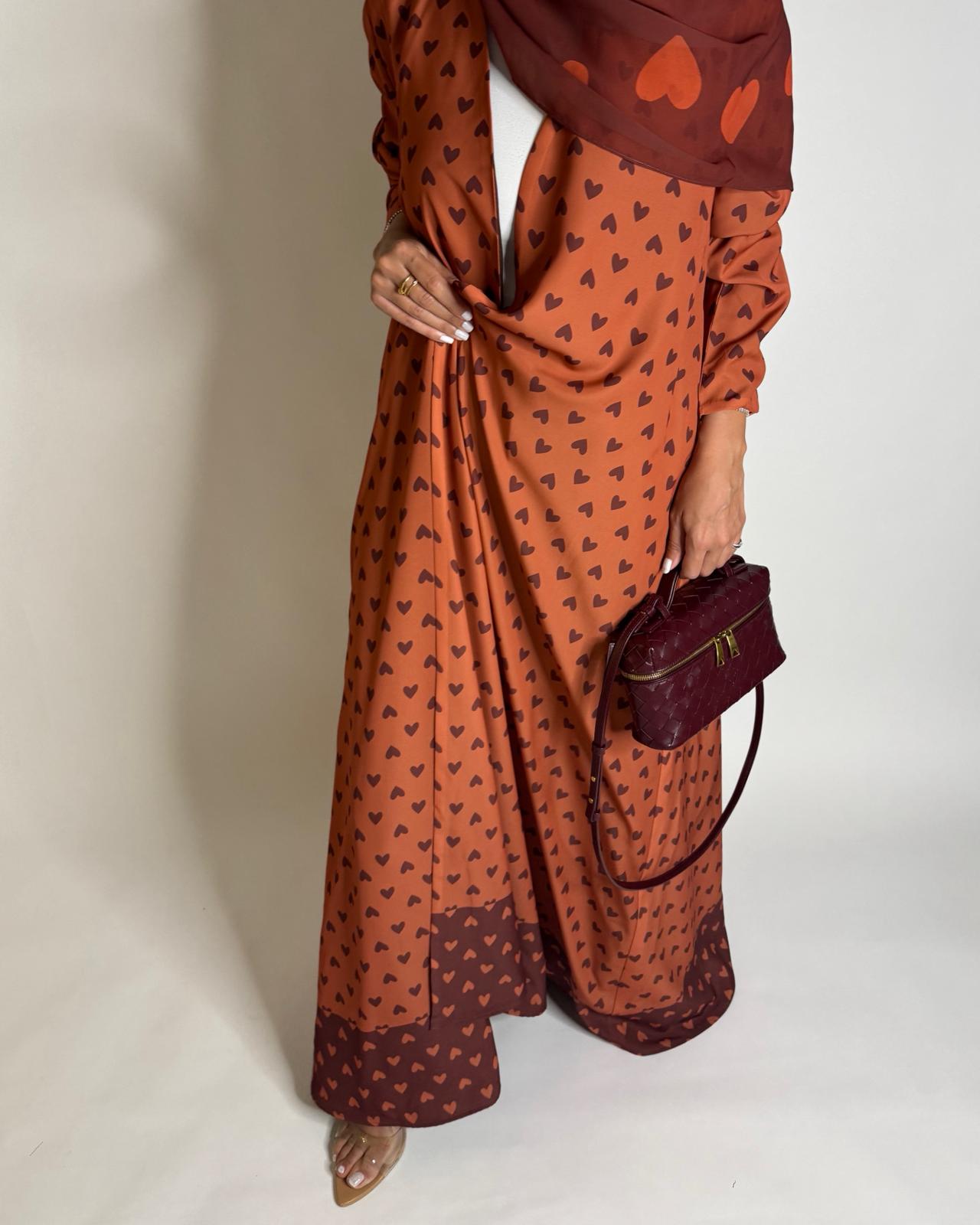 A608 - Burnt Orange Heart A-CUT Wrap Summery Abaya & Matching Head Scarf