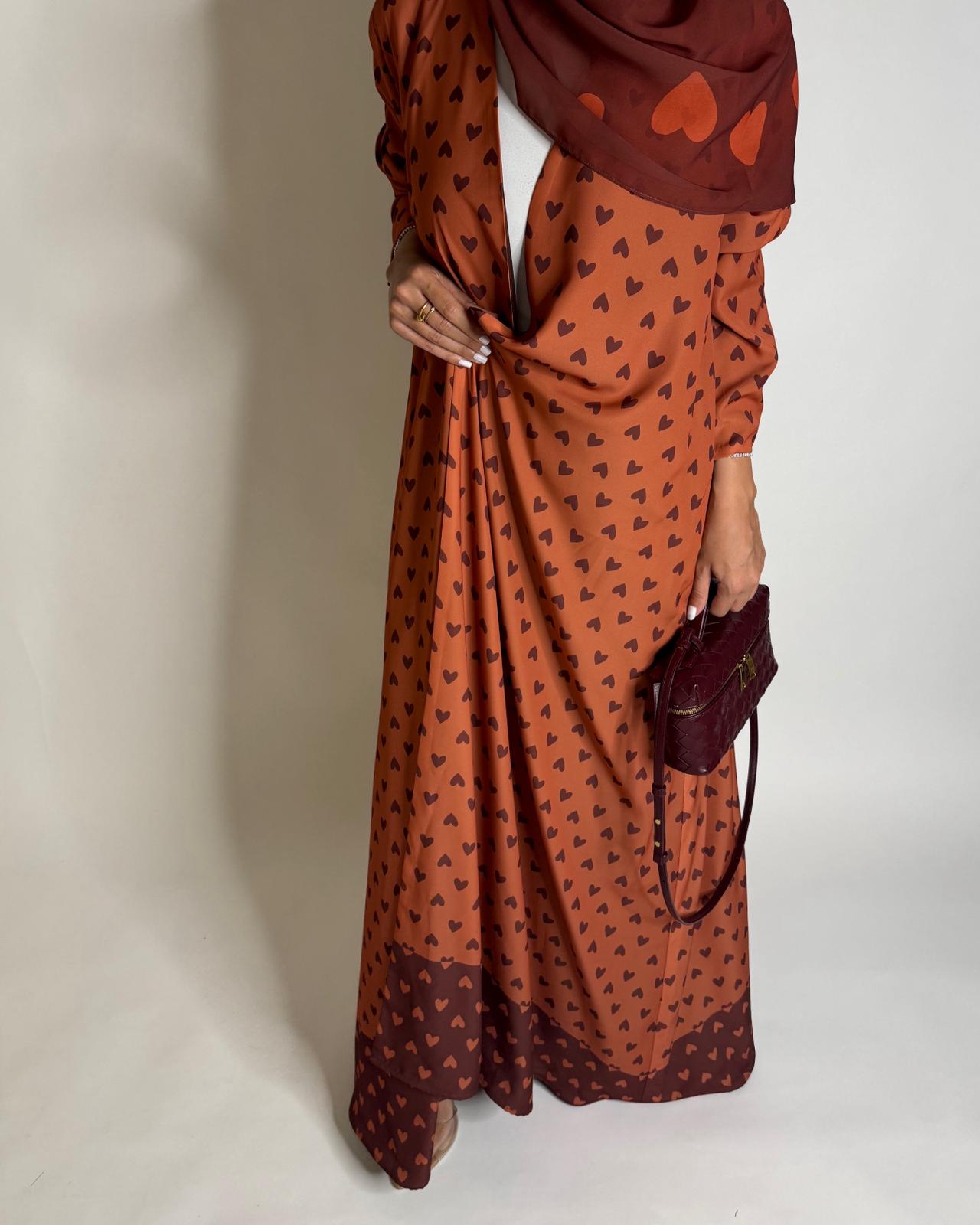 A608 - Burnt Orange Heart A-CUT Wrap Summery Abaya & Matching Head Scarf