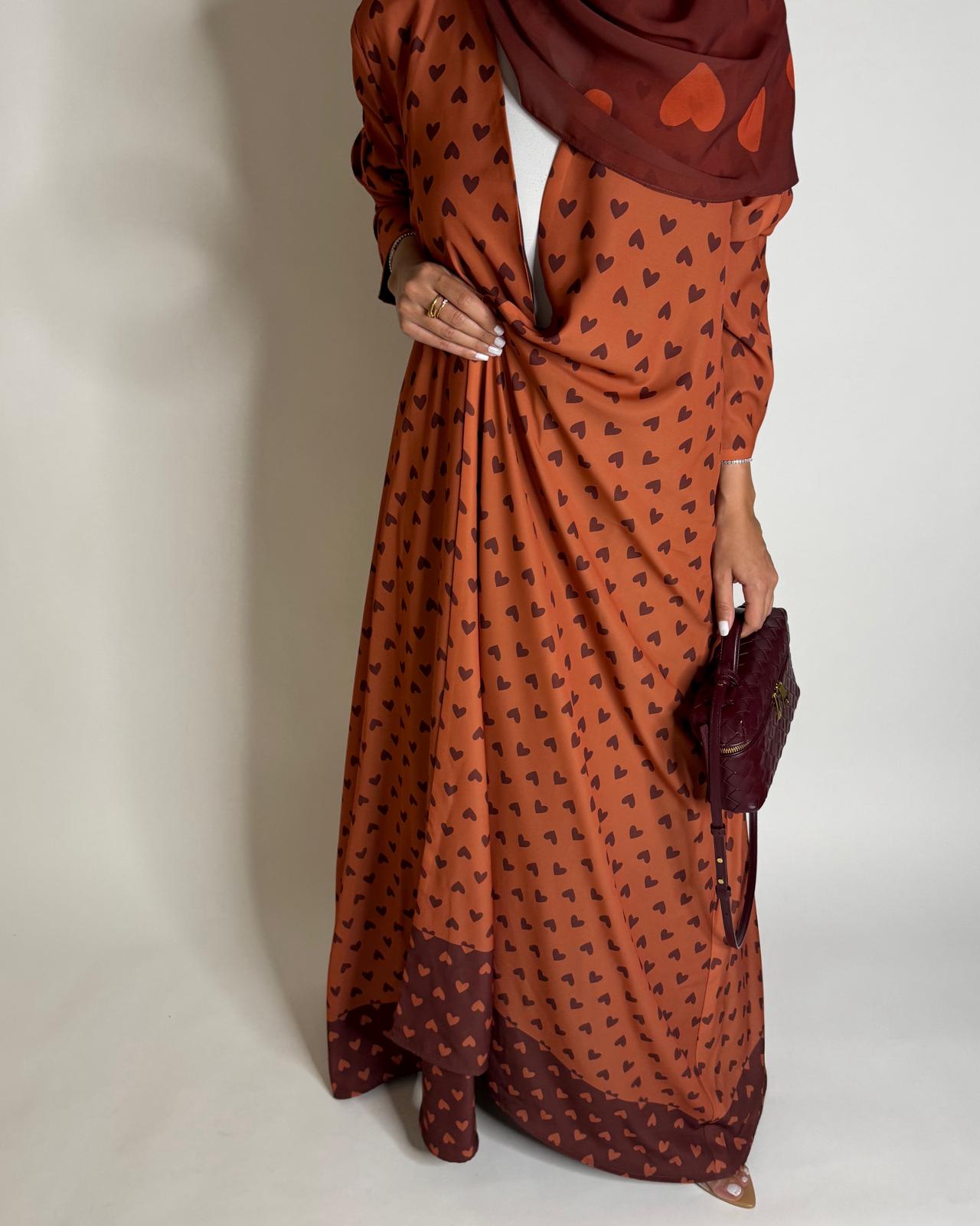 A608 - Burnt Orange Heart A-CUT Wrap Summery Abaya & Matching Head Scarf