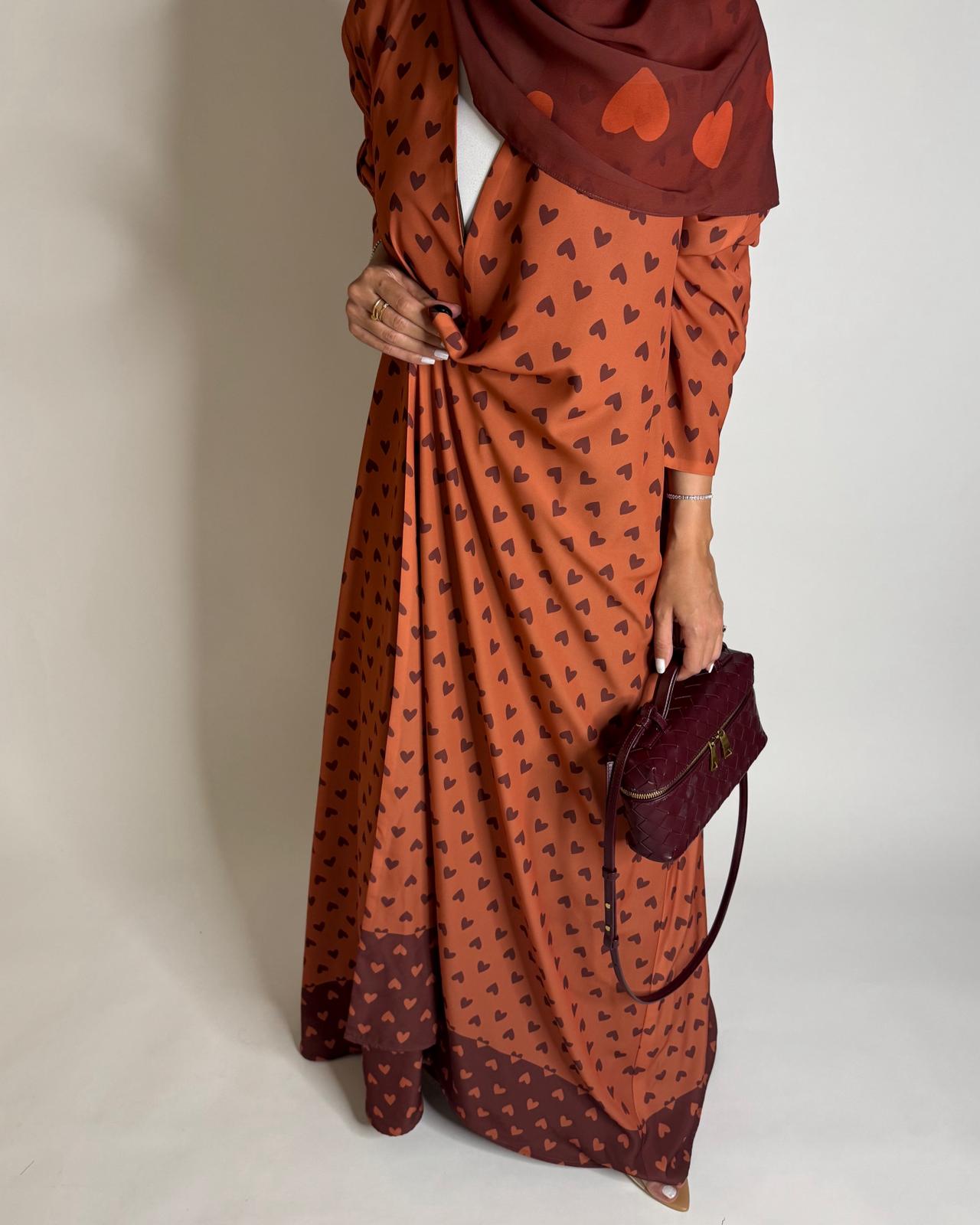 A608 - Burnt Orange Heart A-CUT Wrap Summery Abaya & Matching Head Scarf