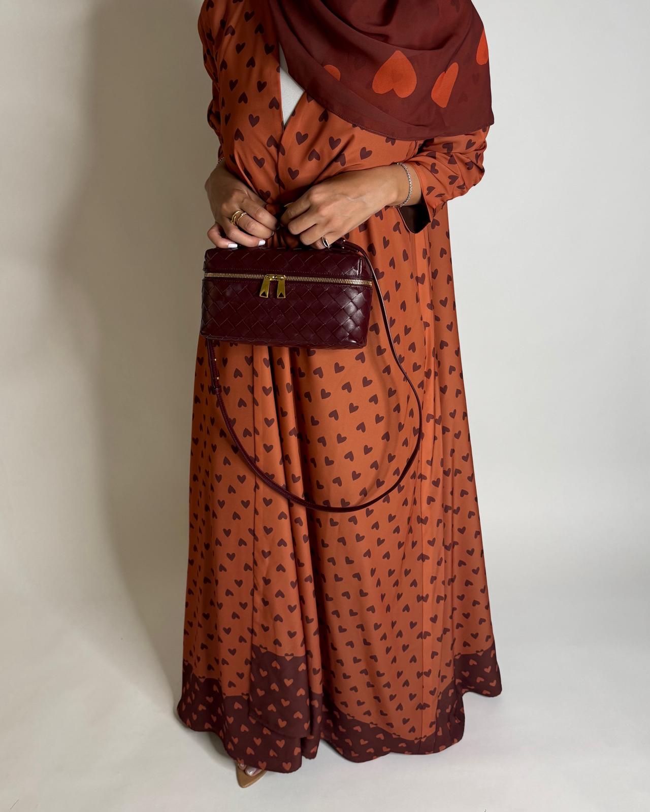 A608 - Burnt Orange Heart A-CUT Wrap Summery Abaya & Matching Head Scarf