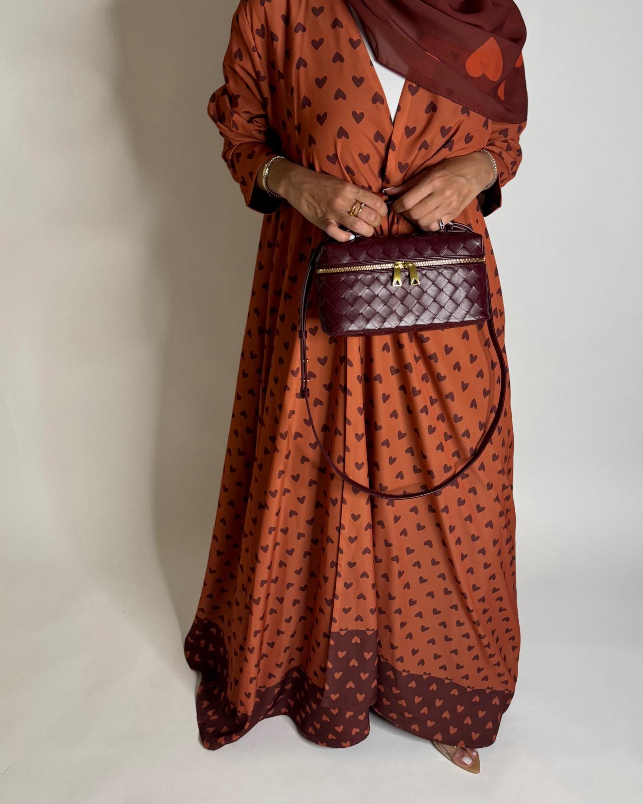 A608 - Burnt Orange Heart A-CUT Wrap Summery Abaya & Matching Head Scarf
