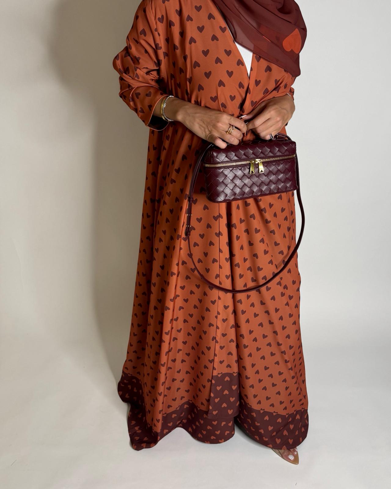 A608 - Burnt Orange Heart A-CUT Wrap Summery Abaya & Matching Head Scarf