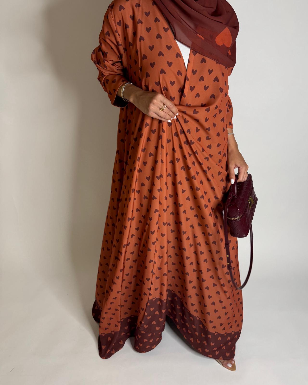 A608 - Burnt Orange Heart A-CUT Wrap Summery Abaya & Matching Head Scarf
