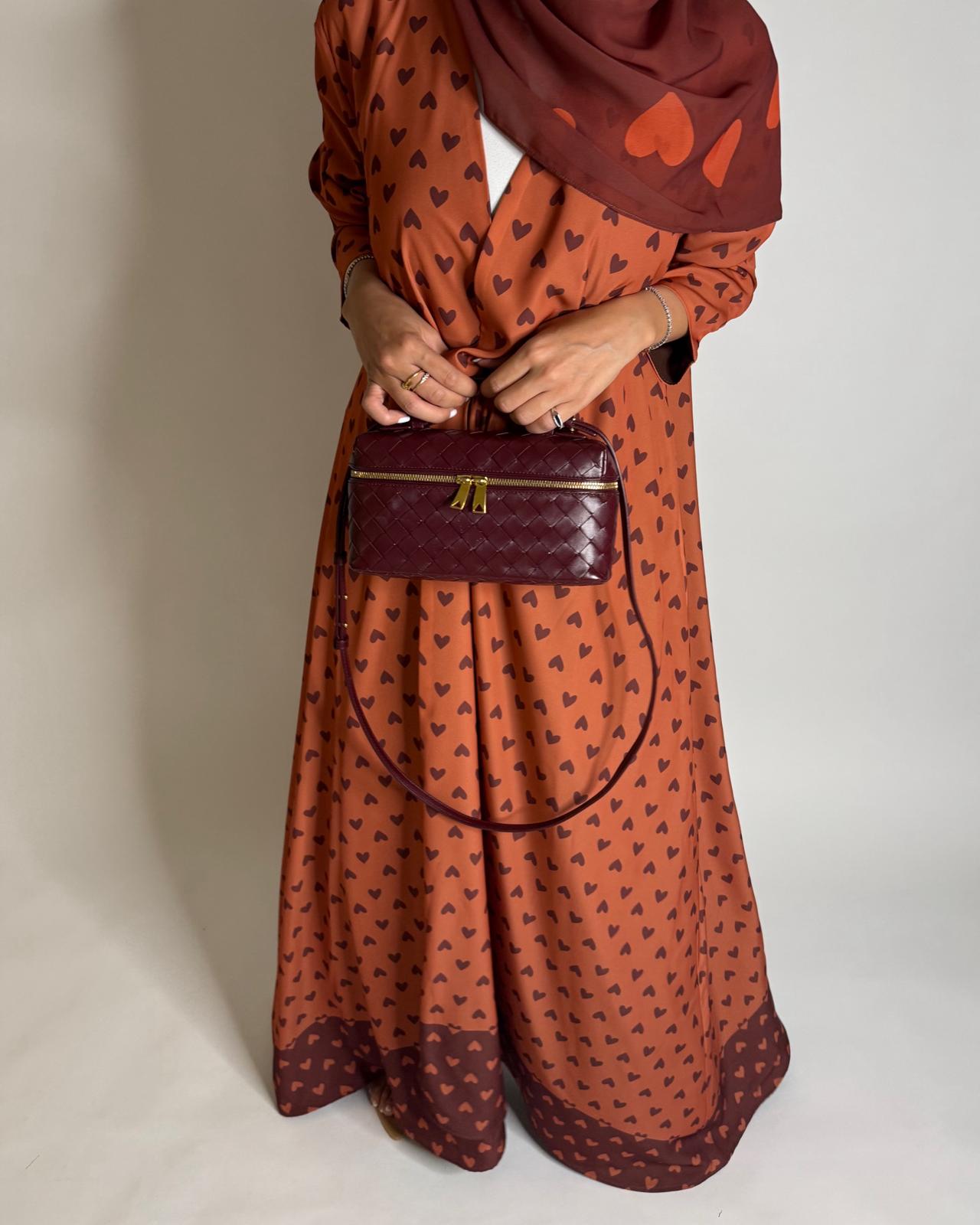 A608 - Burnt Orange Heart A-CUT Wrap Summery Abaya & Matching Head Scarf