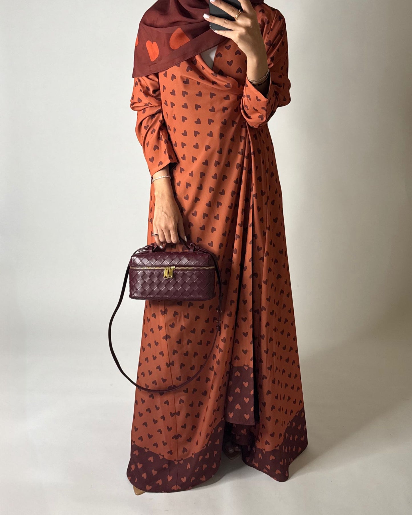 A608 - Burnt Orange Heart A-CUT Wrap Summery Abaya & Matching Head Scarf