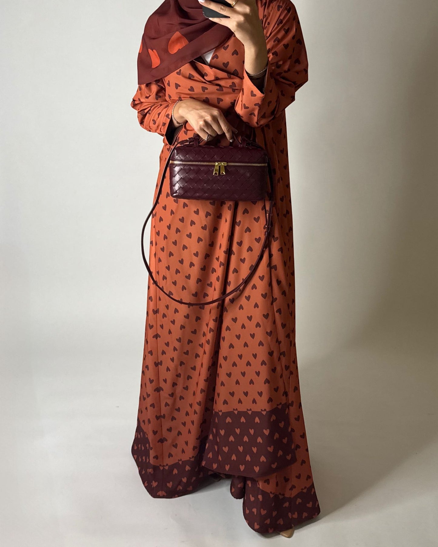 A608 - Burnt Orange Heart A-CUT Wrap Summery Abaya & Matching Head Scarf
