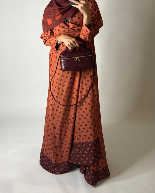 A608 - Burnt Orange Heart A-CUT Wrap Summery Abaya & Matching Head Scarf