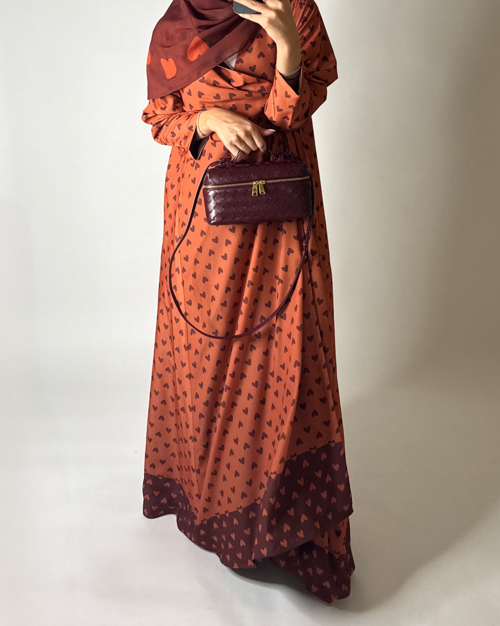 A608 - Burnt Orange Heart A-CUT Wrap Summery Abaya & Matching Head Scarf