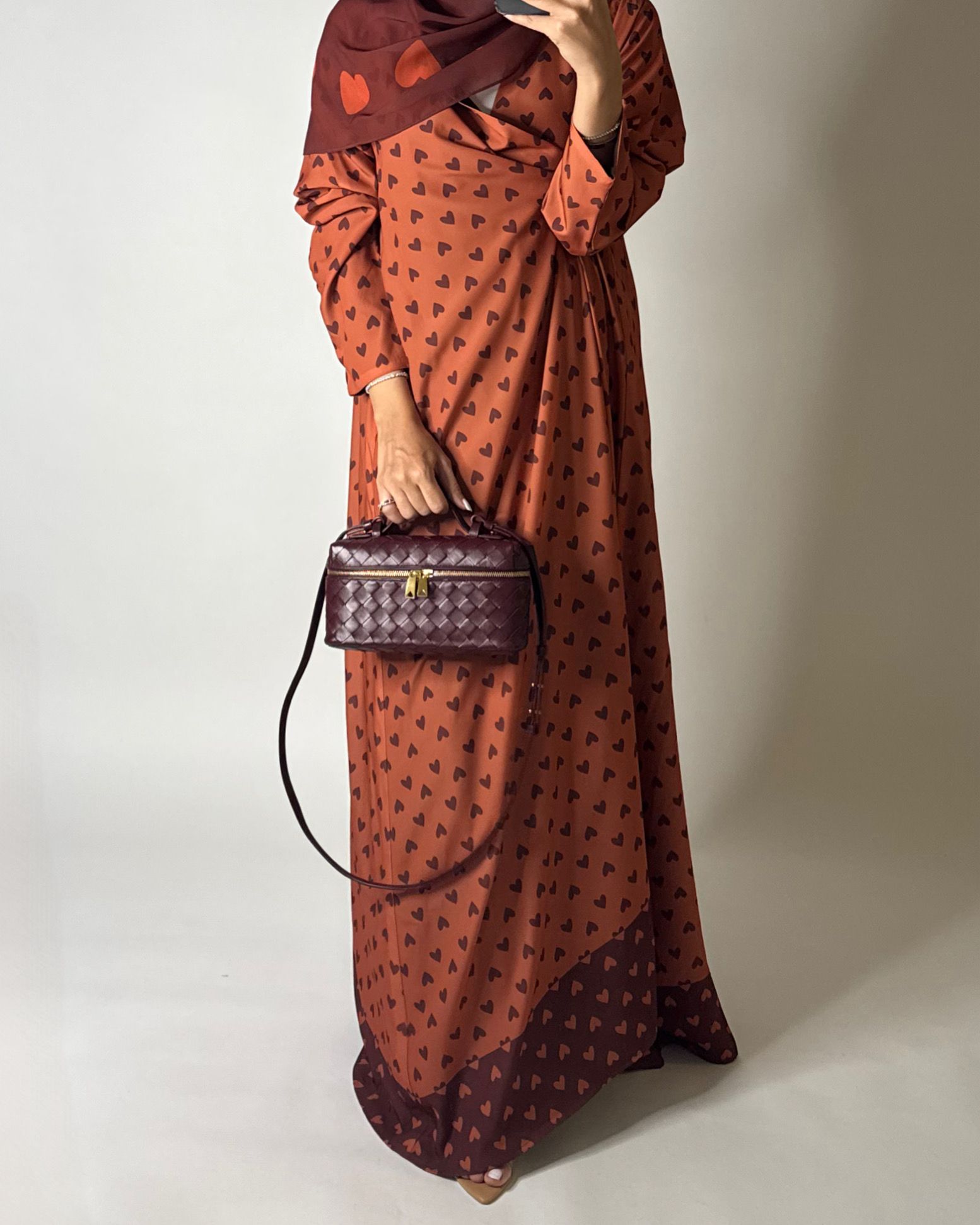 A608 - Burnt Orange Heart A-CUT Wrap Summery Abaya & Matching Head Scarf