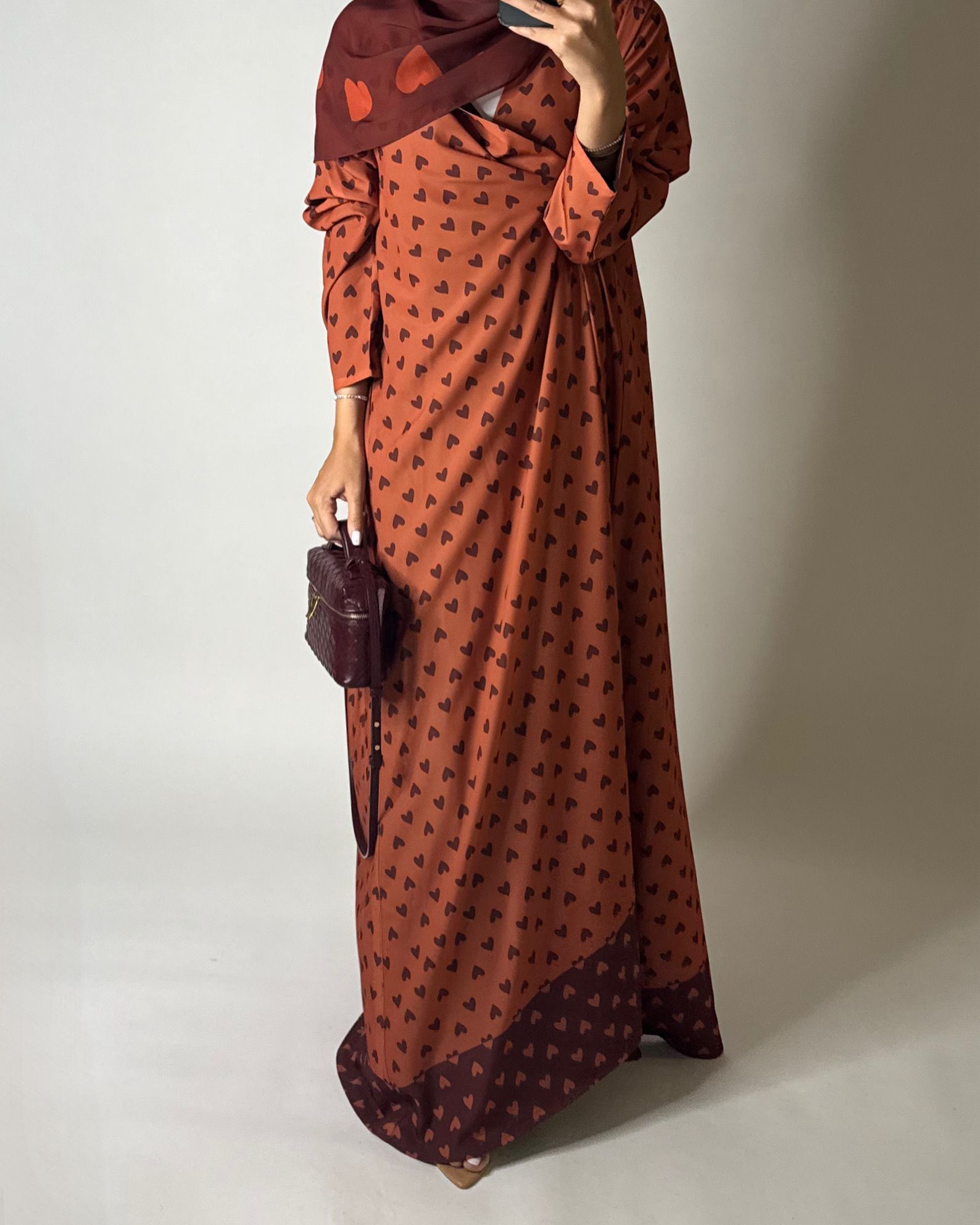 A608 - Burnt Orange Heart A-CUT Wrap Summery Abaya & Matching Head Scarf