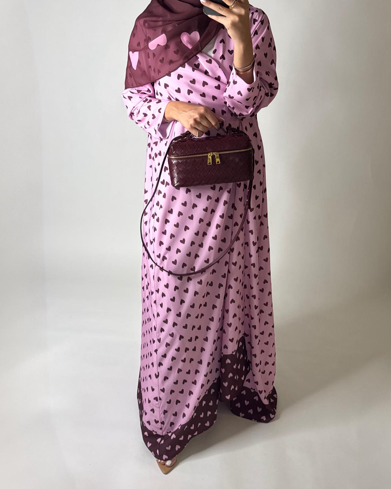 A604 -  Pink & Maroon Heart A-CUT Wrap Summery Abaya & Matching Head Scarf