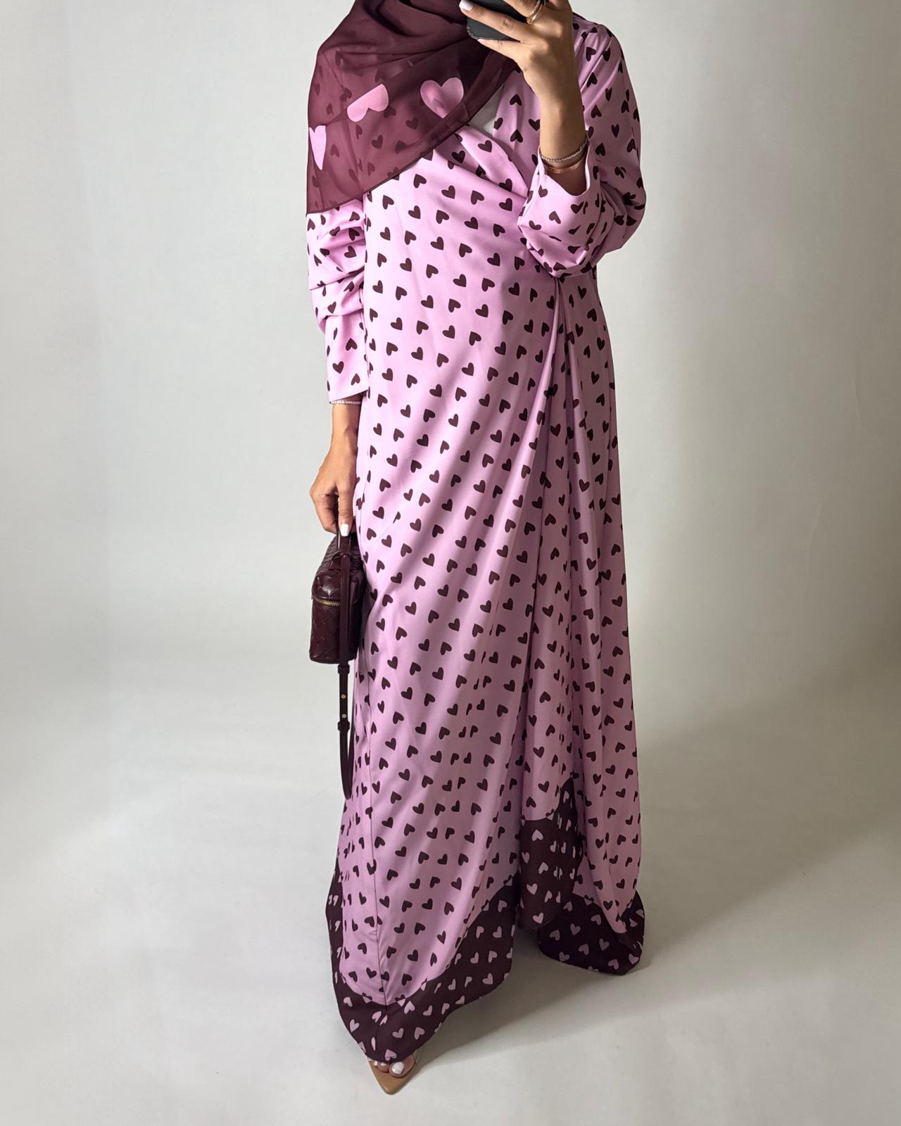 A604 -  Pink & Maroon Heart A-CUT Wrap Summery Abaya & Matching Head Scarf