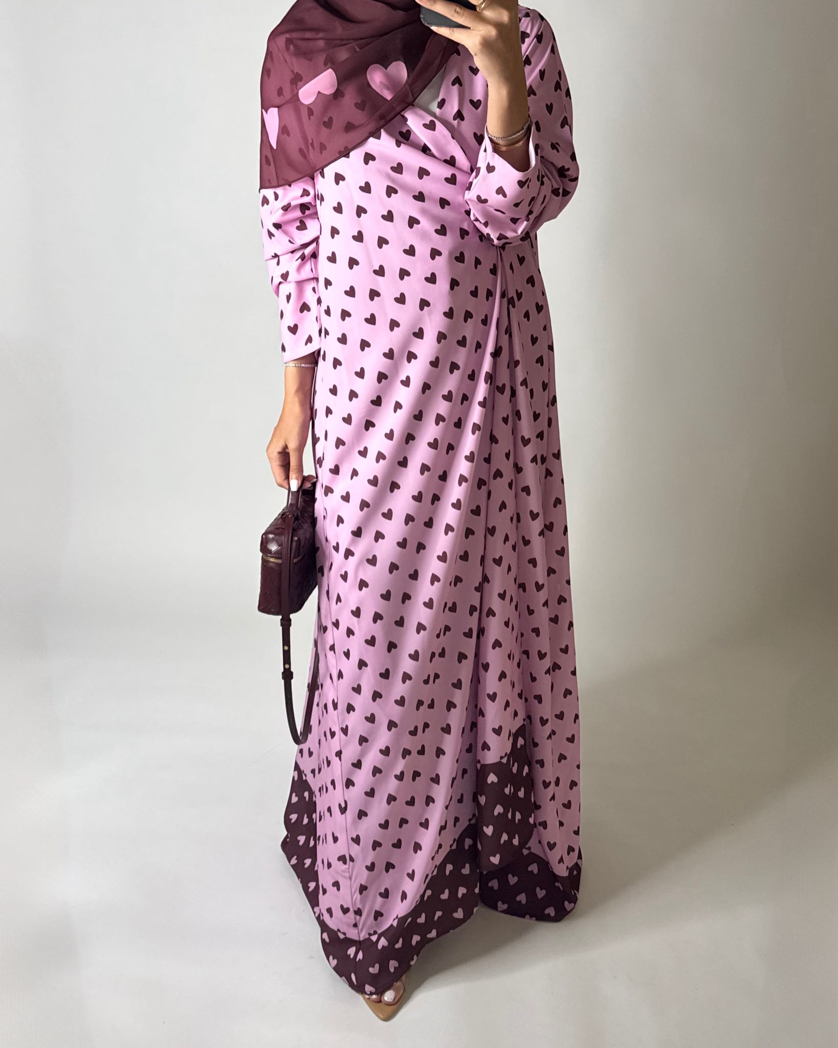 A604 -  Pink & Maroon Heart A-CUT Wrap Summery Abaya & Matching Head Scarf
