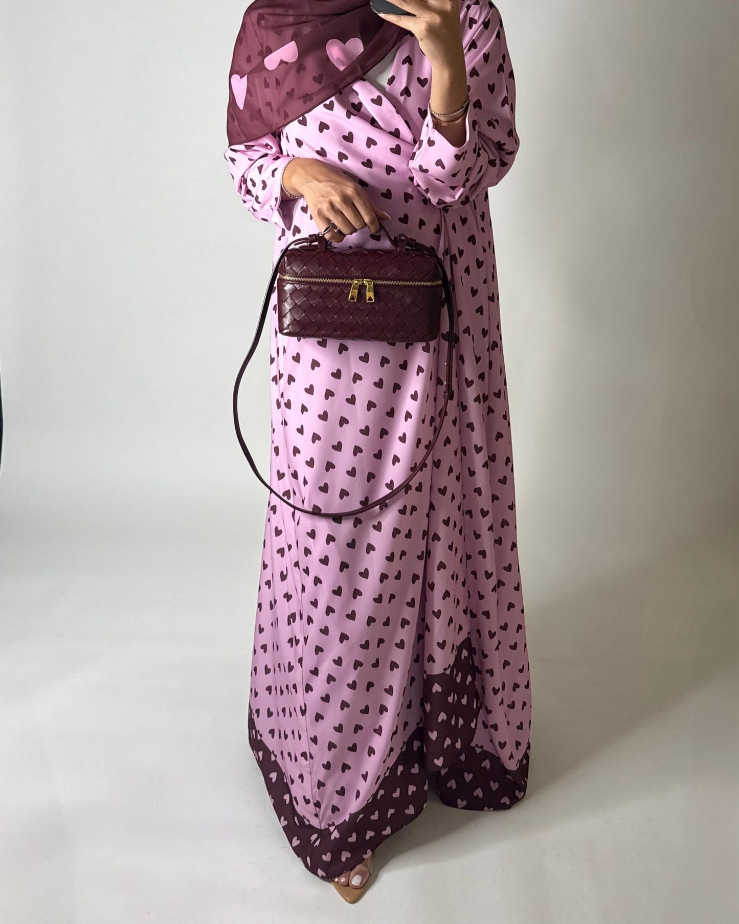 A604 -  Pink & Maroon Heart A-CUT Wrap Summery Abaya & Matching Head Scarf