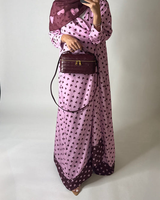 A604 -  Pink & Maroon Heart A-CUT Wrap Summery Abaya & Matching Head Scarf
