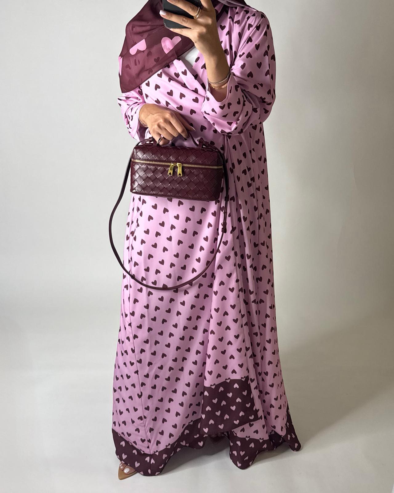 A604 -  Pink & Maroon Heart A-CUT Wrap Summery Abaya & Matching Head Scarf