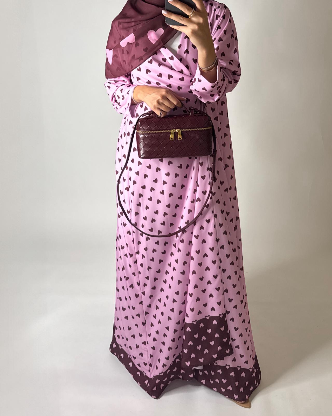 A604 -  Pink & Maroon Heart A-CUT Wrap Summery Abaya & Matching Head Scarf
