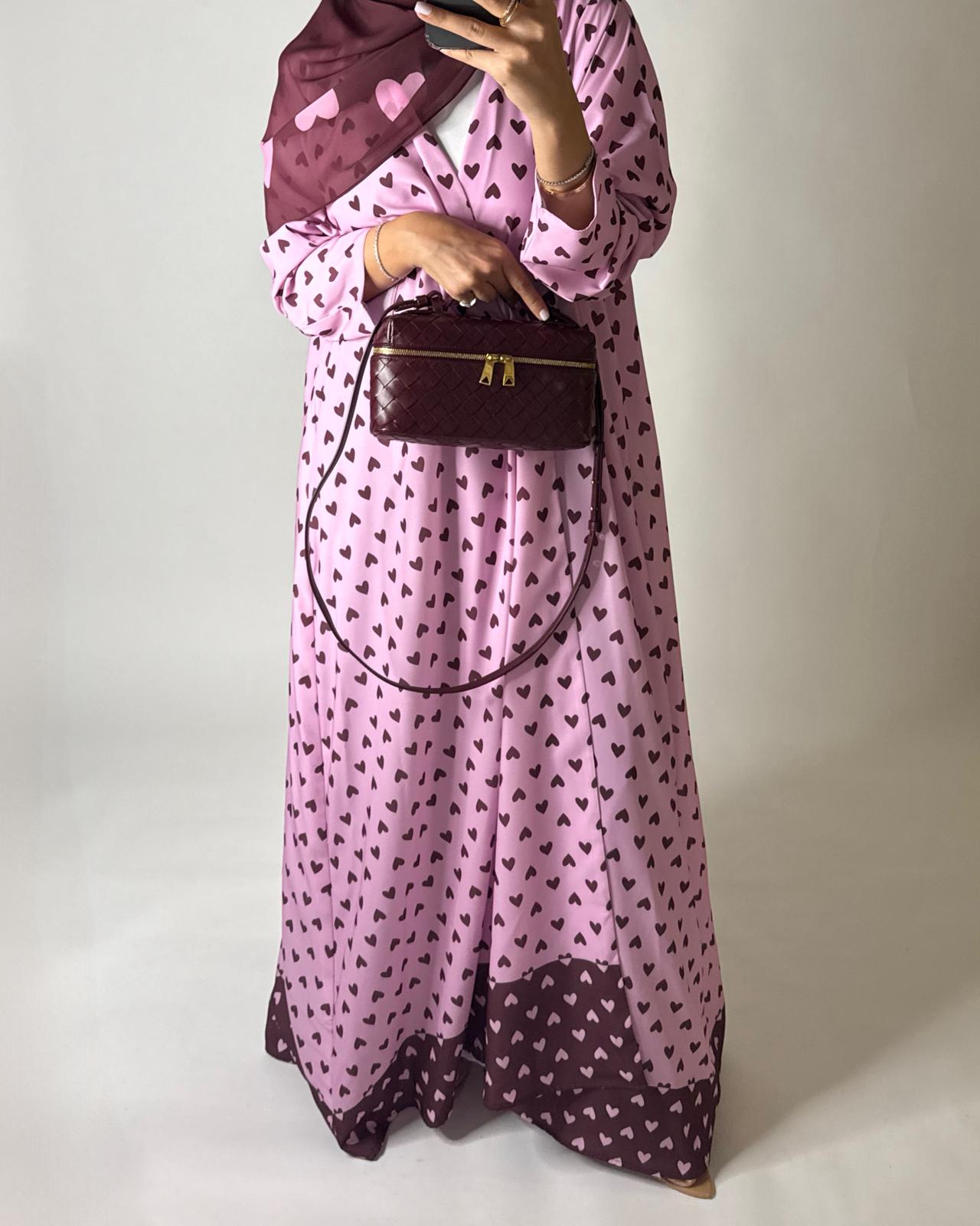 A604 -  Pink & Maroon Heart A-CUT Wrap Summery Abaya & Matching Head Scarf