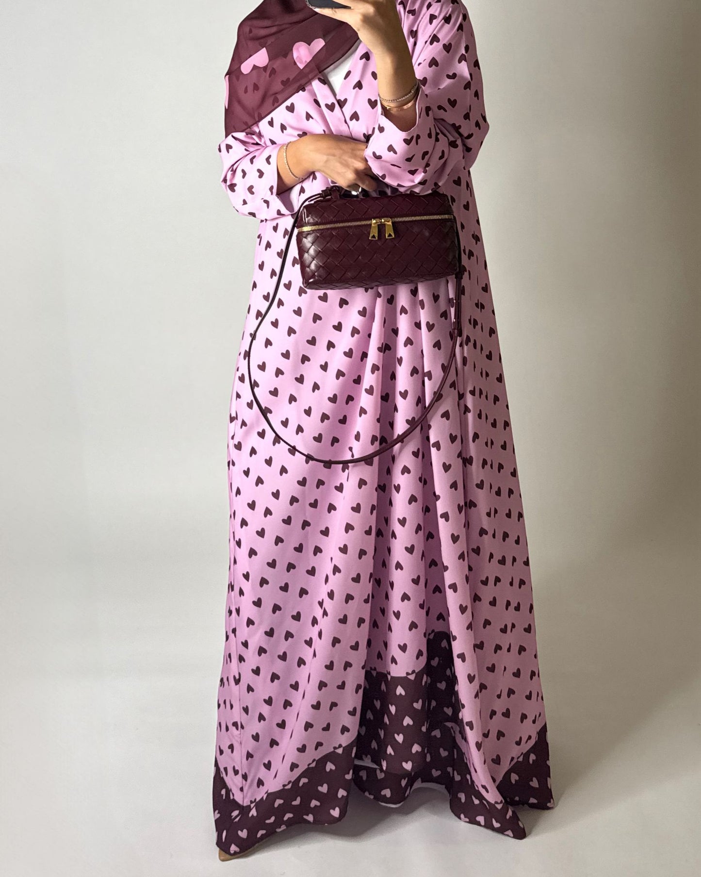 A604 -  Pink & Maroon Heart A-CUT Wrap Summery Abaya & Matching Head Scarf
