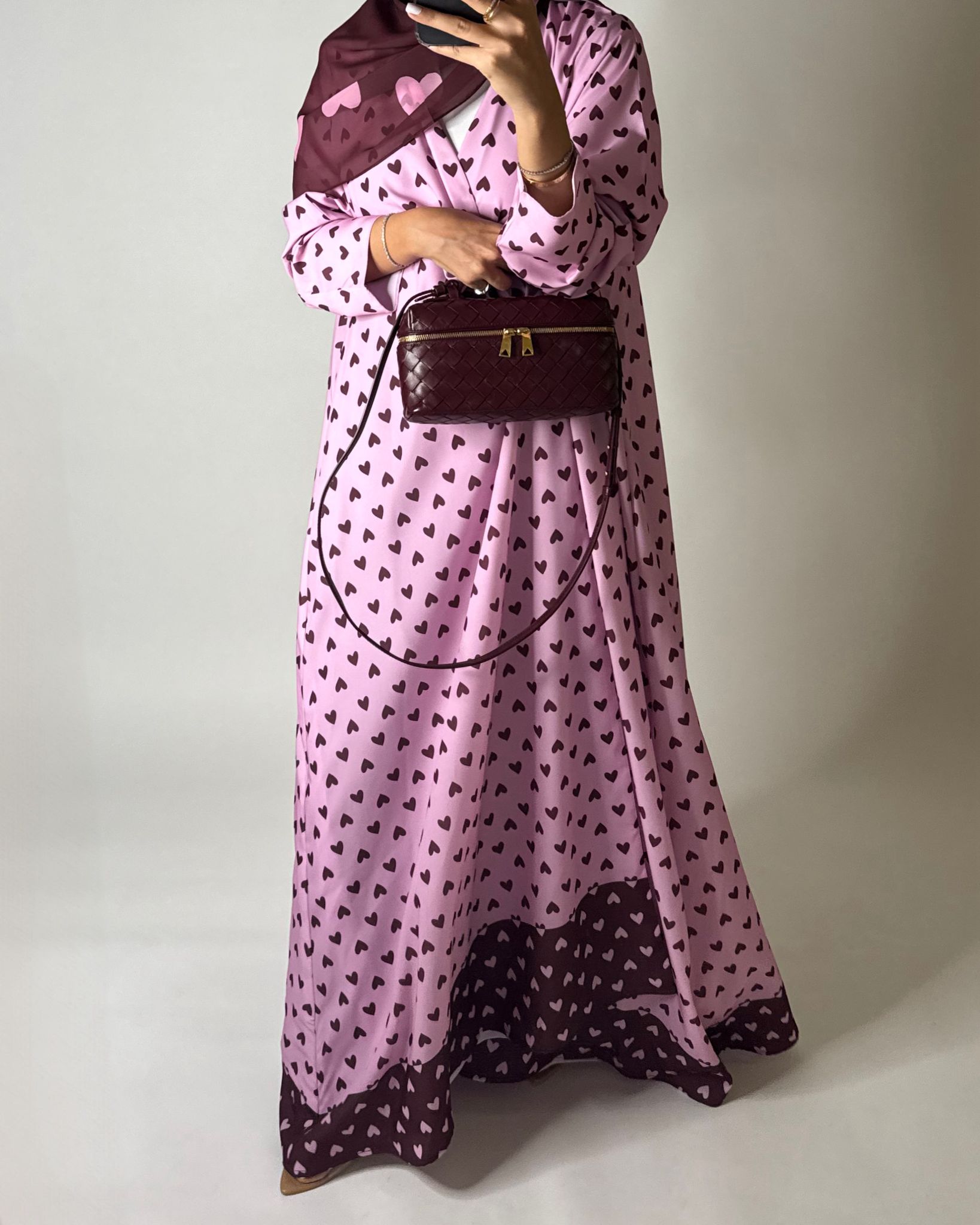 A604 -  Pink & Maroon Heart A-CUT Wrap Summery Abaya & Matching Head Scarf