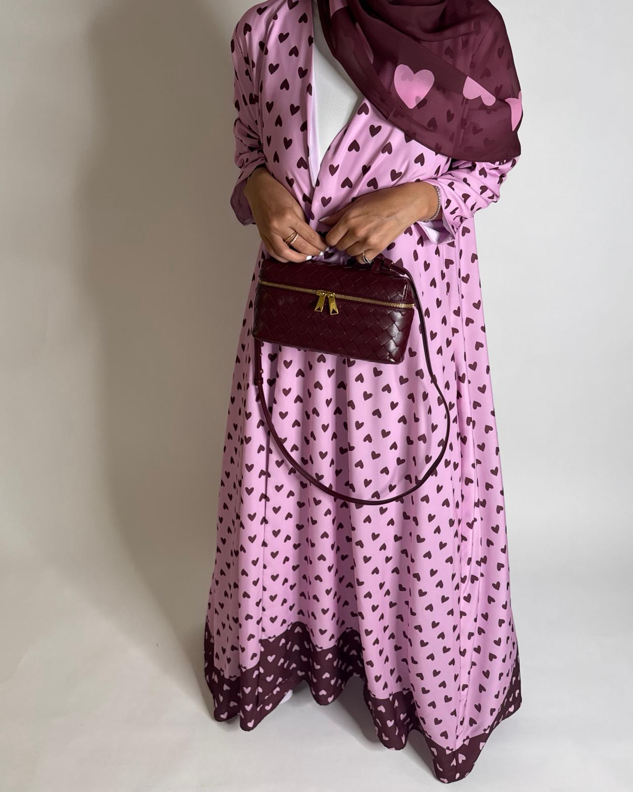 A604 -  Pink & Maroon Heart A-CUT Wrap Summery Abaya & Matching Head Scarf