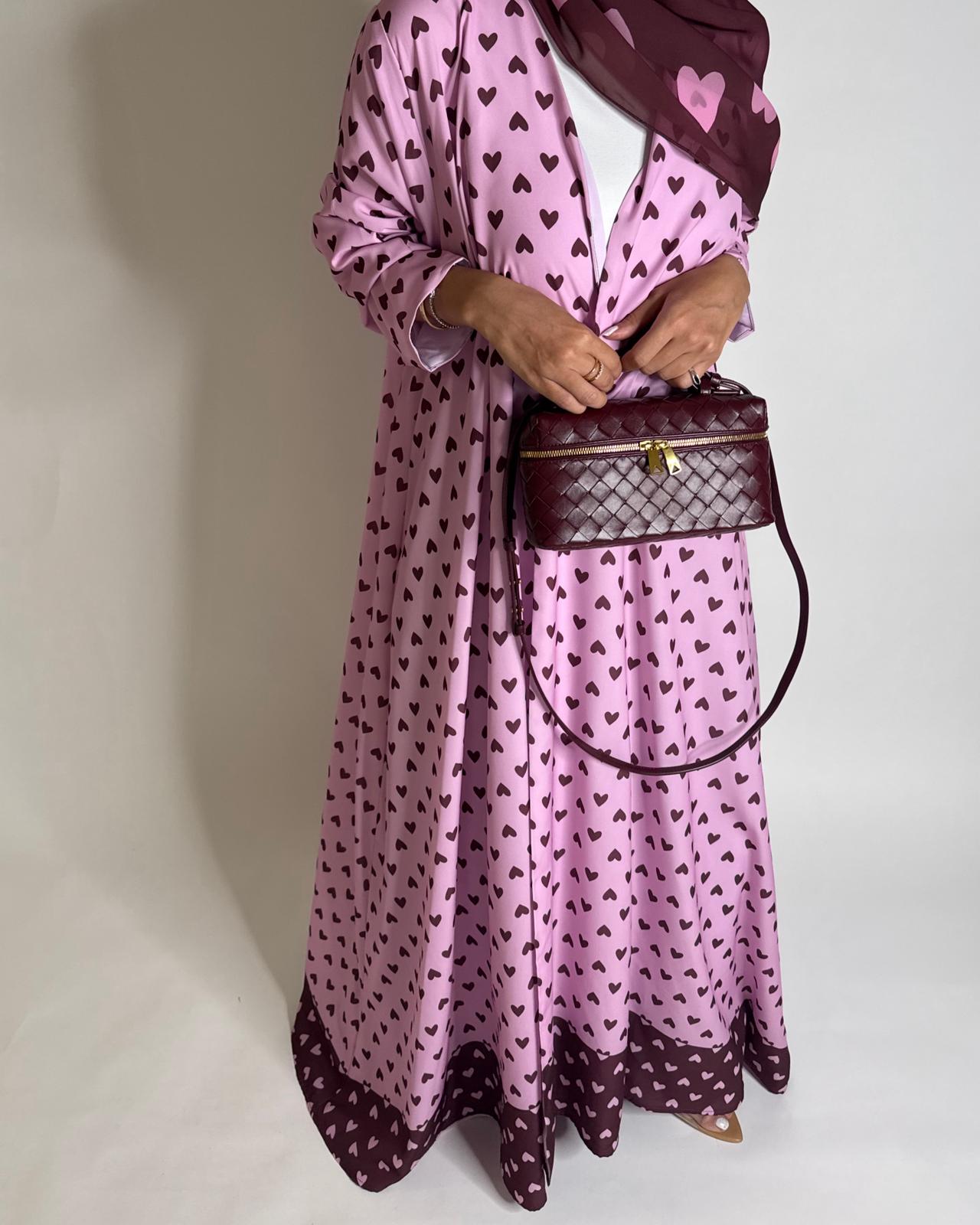 A604 -  Pink & Maroon Heart A-CUT Wrap Summery Abaya & Matching Head Scarf