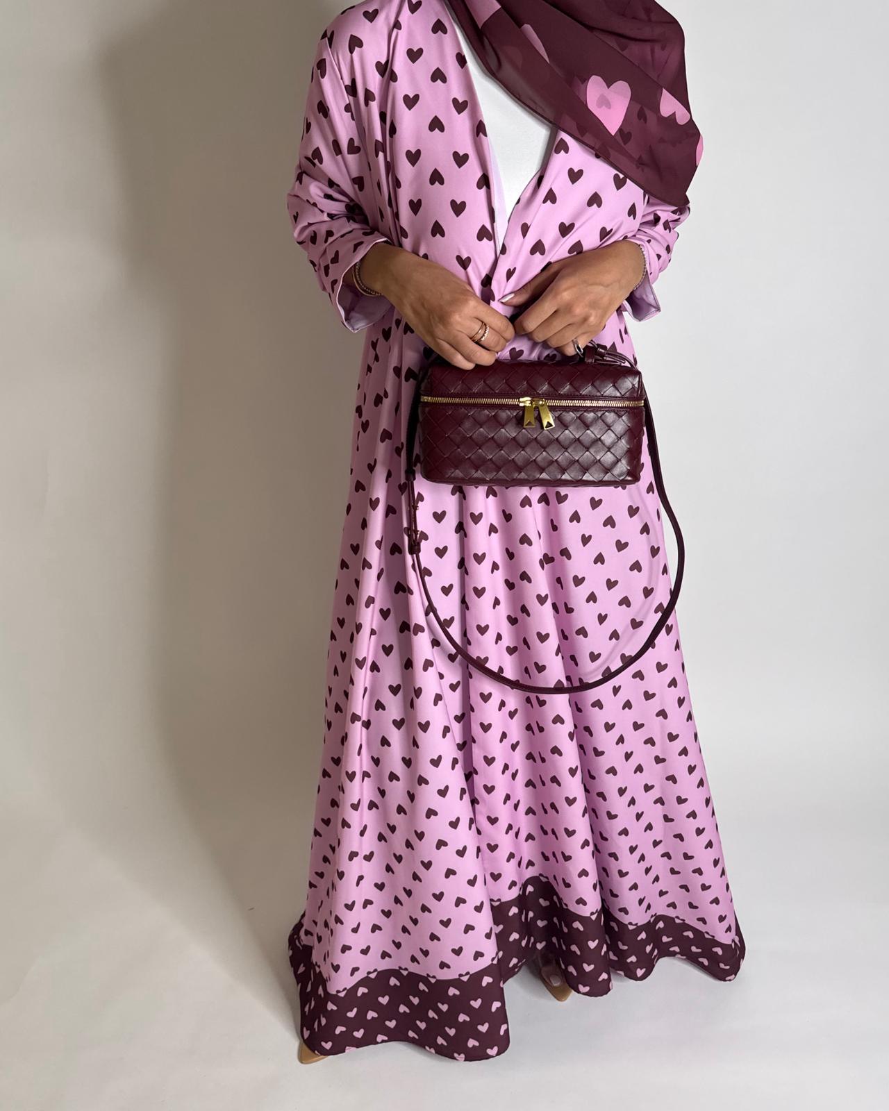 A604 -  Pink & Maroon Heart A-CUT Wrap Summery Abaya & Matching Head Scarf