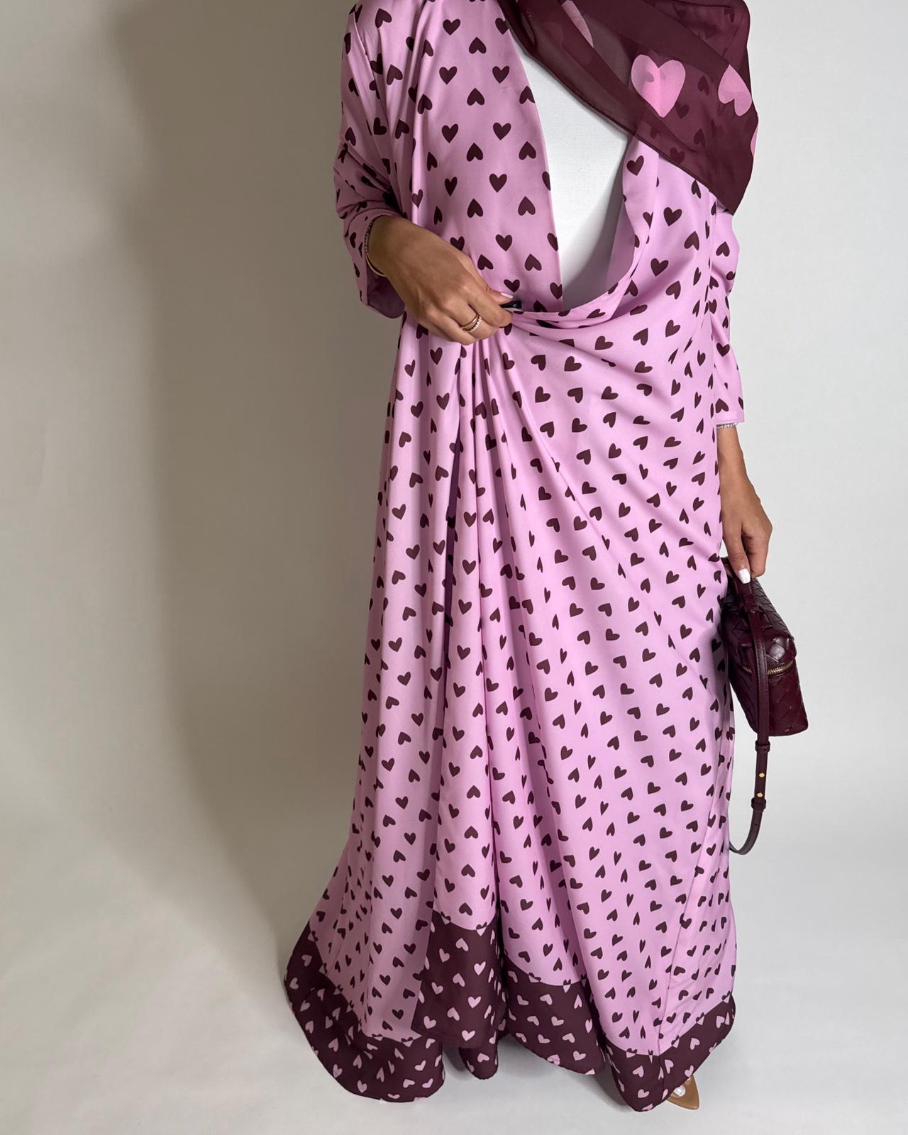 A604 -  Pink & Maroon Heart A-CUT Wrap Summery Abaya & Matching Head Scarf