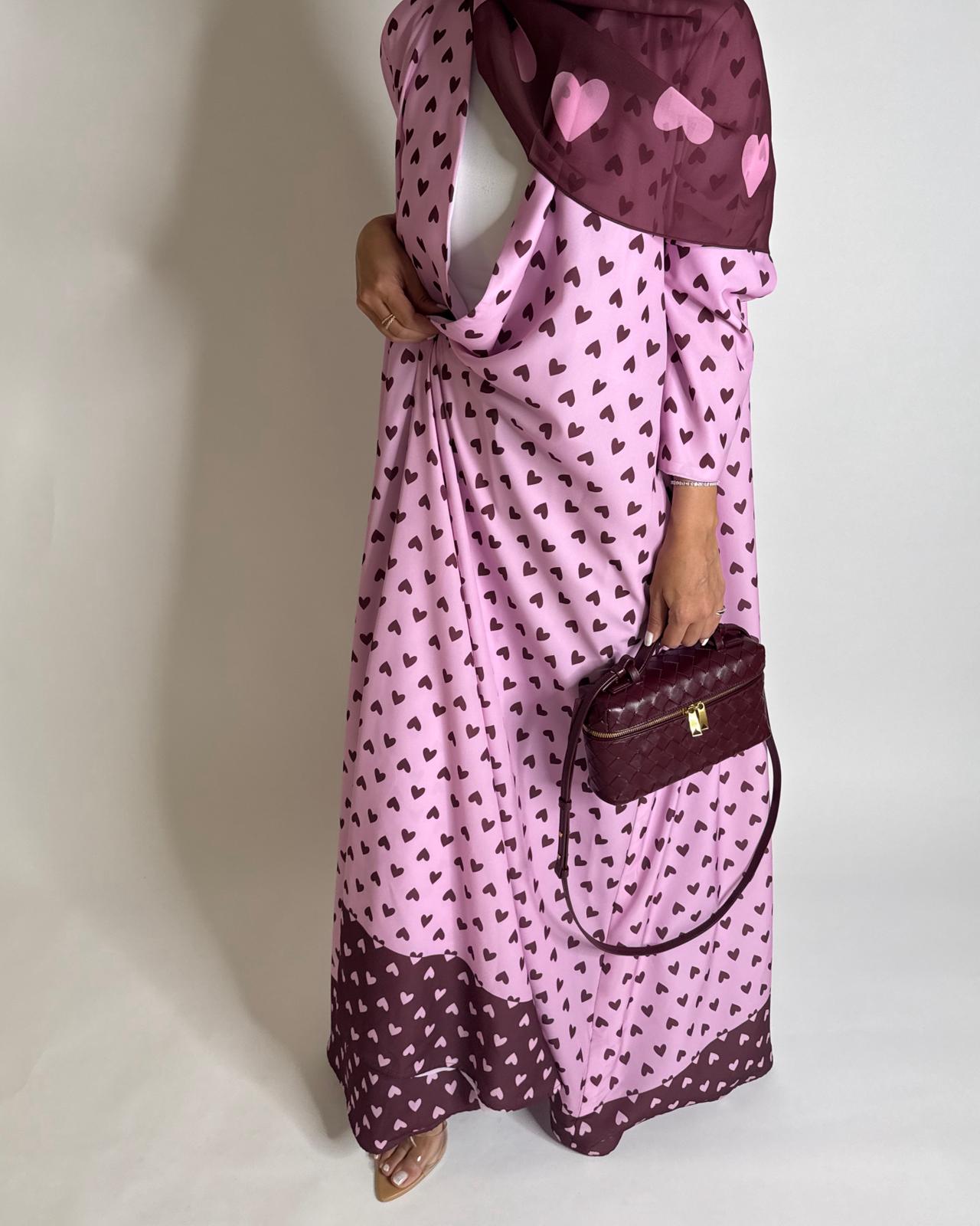 A604 -  Pink & Maroon Heart A-CUT Wrap Summery Abaya & Matching Head Scarf