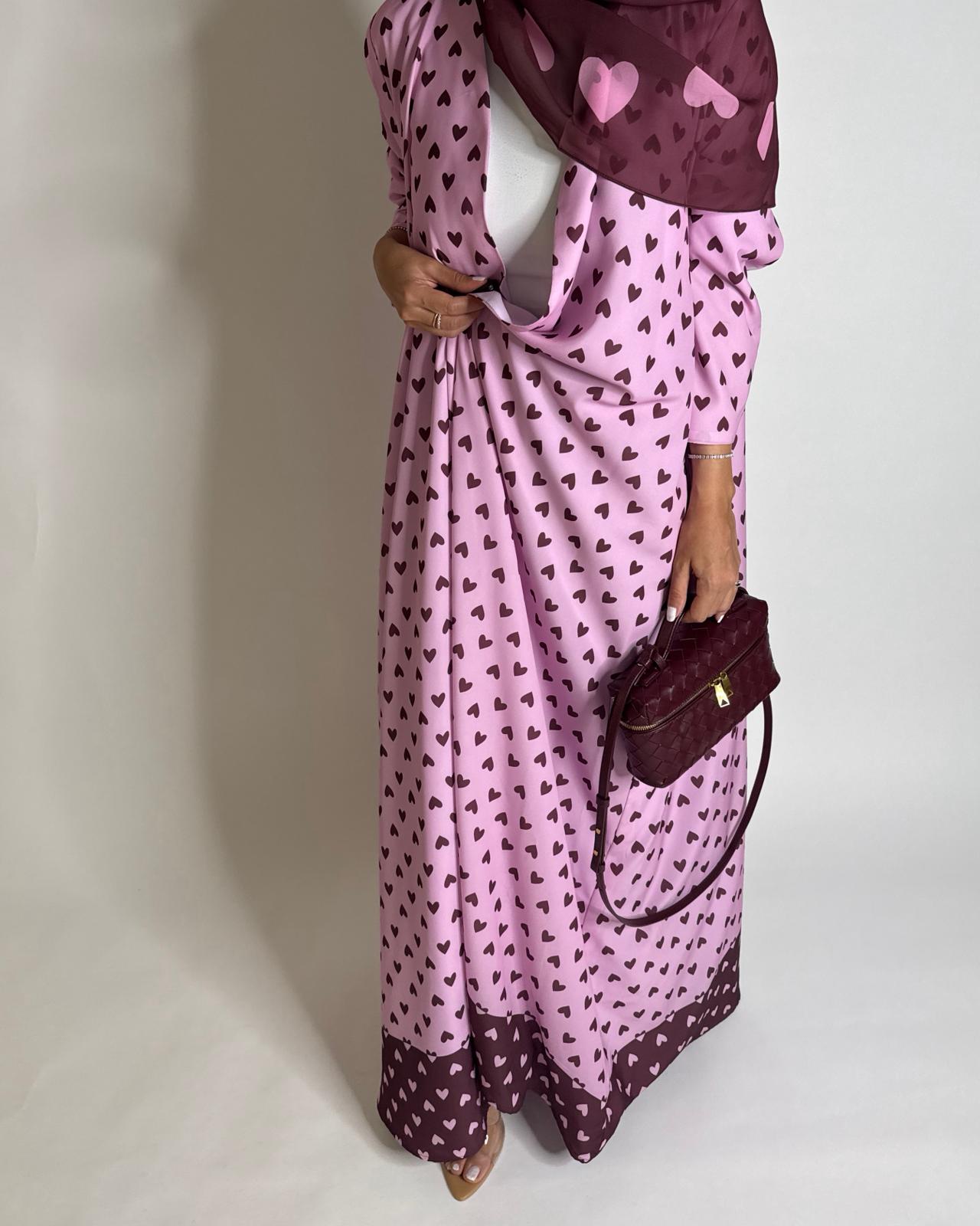 A604 -  Pink & Maroon Heart A-CUT Wrap Summery Abaya & Matching Head Scarf