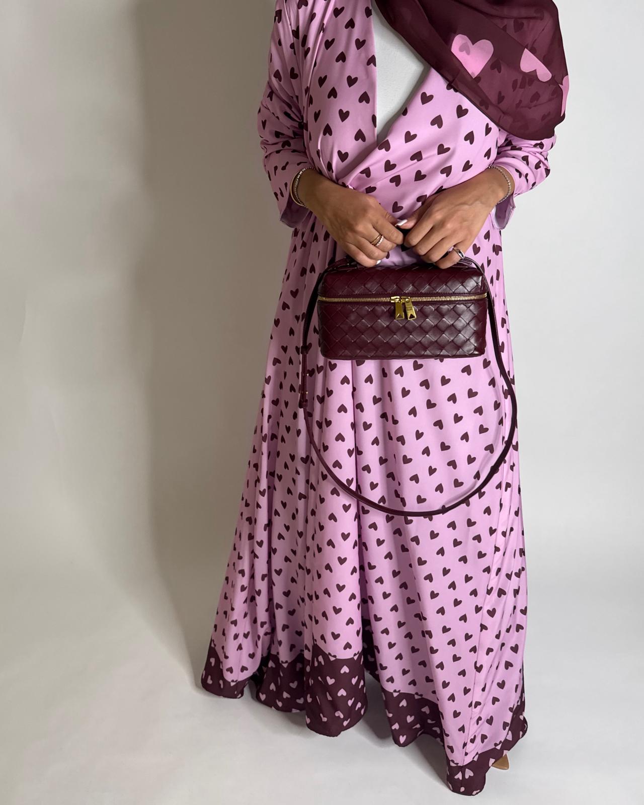 A604 -  Pink & Maroon Heart A-CUT Wrap Summery Abaya & Matching Head Scarf