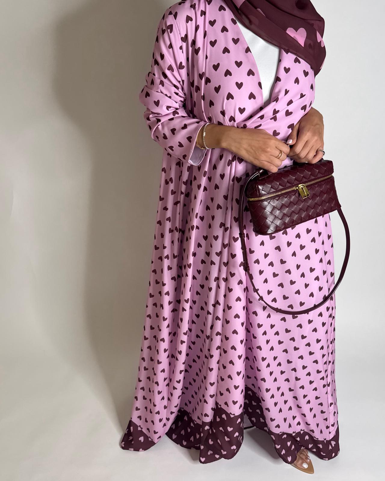 A604 -  Pink & Maroon Heart A-CUT Wrap Summery Abaya & Matching Head Scarf