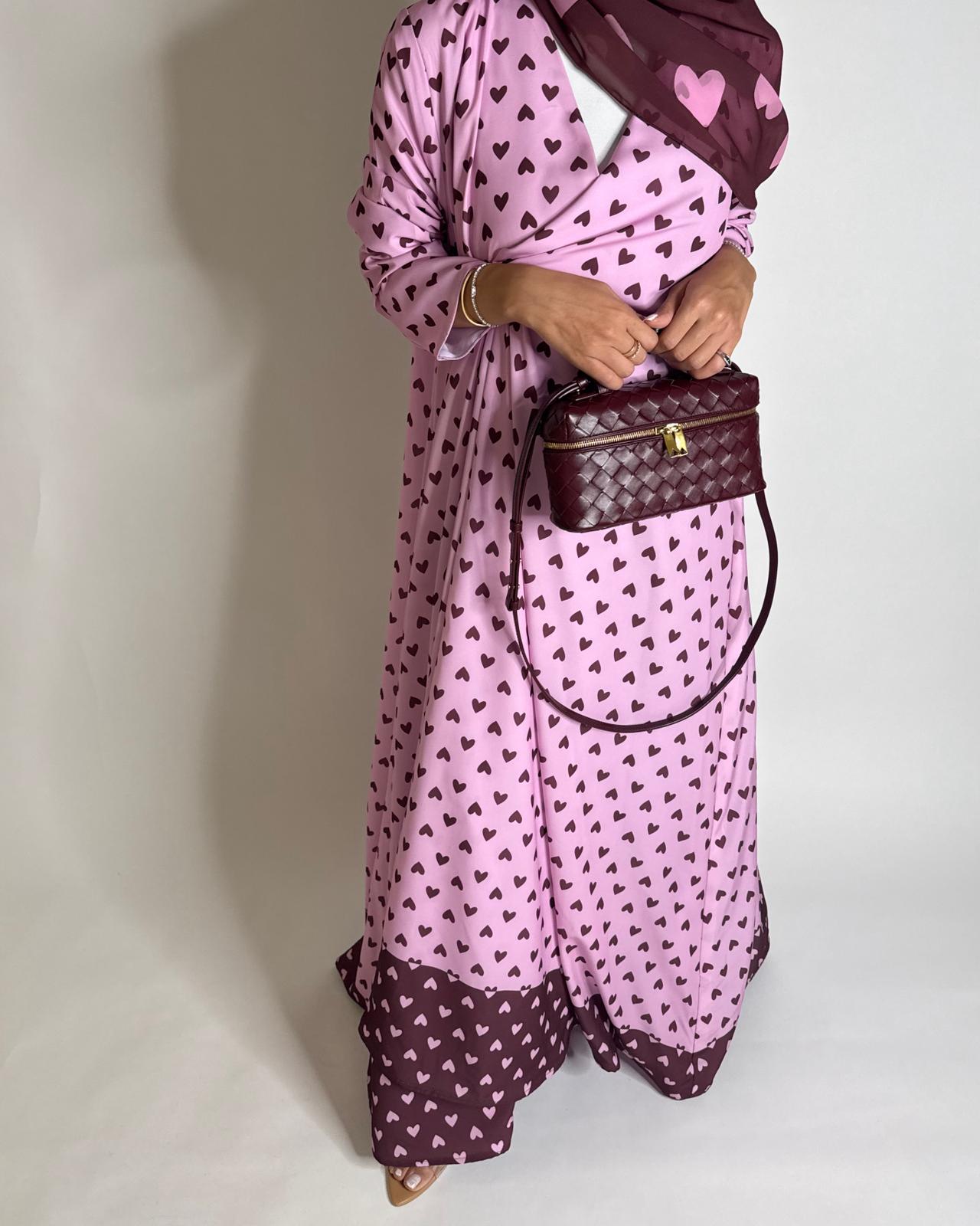 A604 -  Pink & Maroon Heart A-CUT Wrap Summery Abaya & Matching Head Scarf