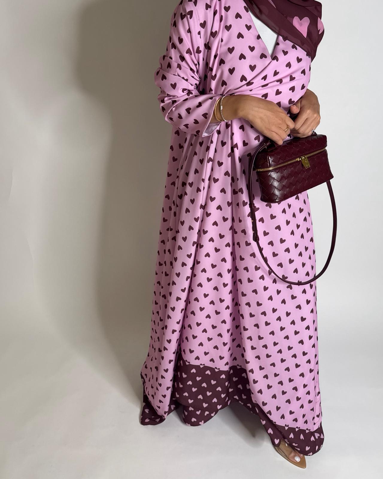 A604 -  Pink & Maroon Heart A-CUT Wrap Summery Abaya & Matching Head Scarf