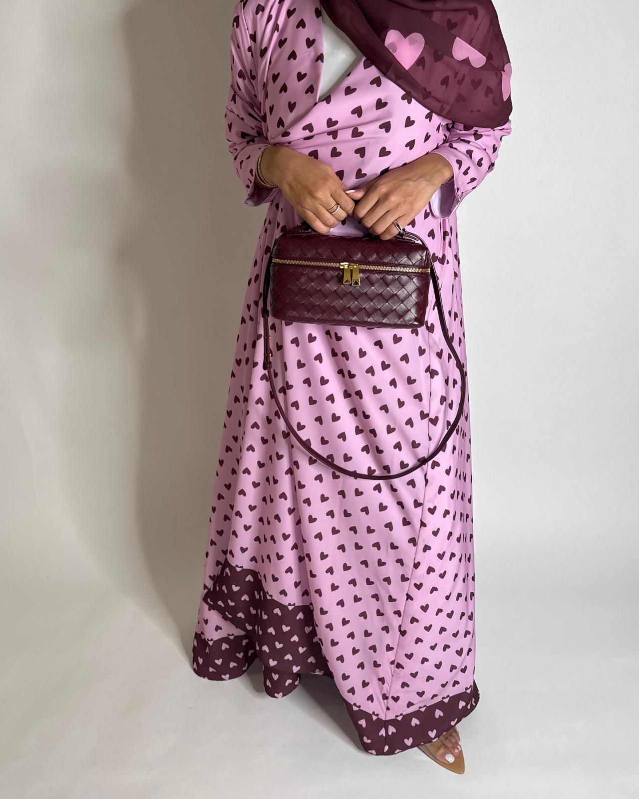 A604 -  Pink & Maroon Heart A-CUT Wrap Summery Abaya & Matching Head Scarf