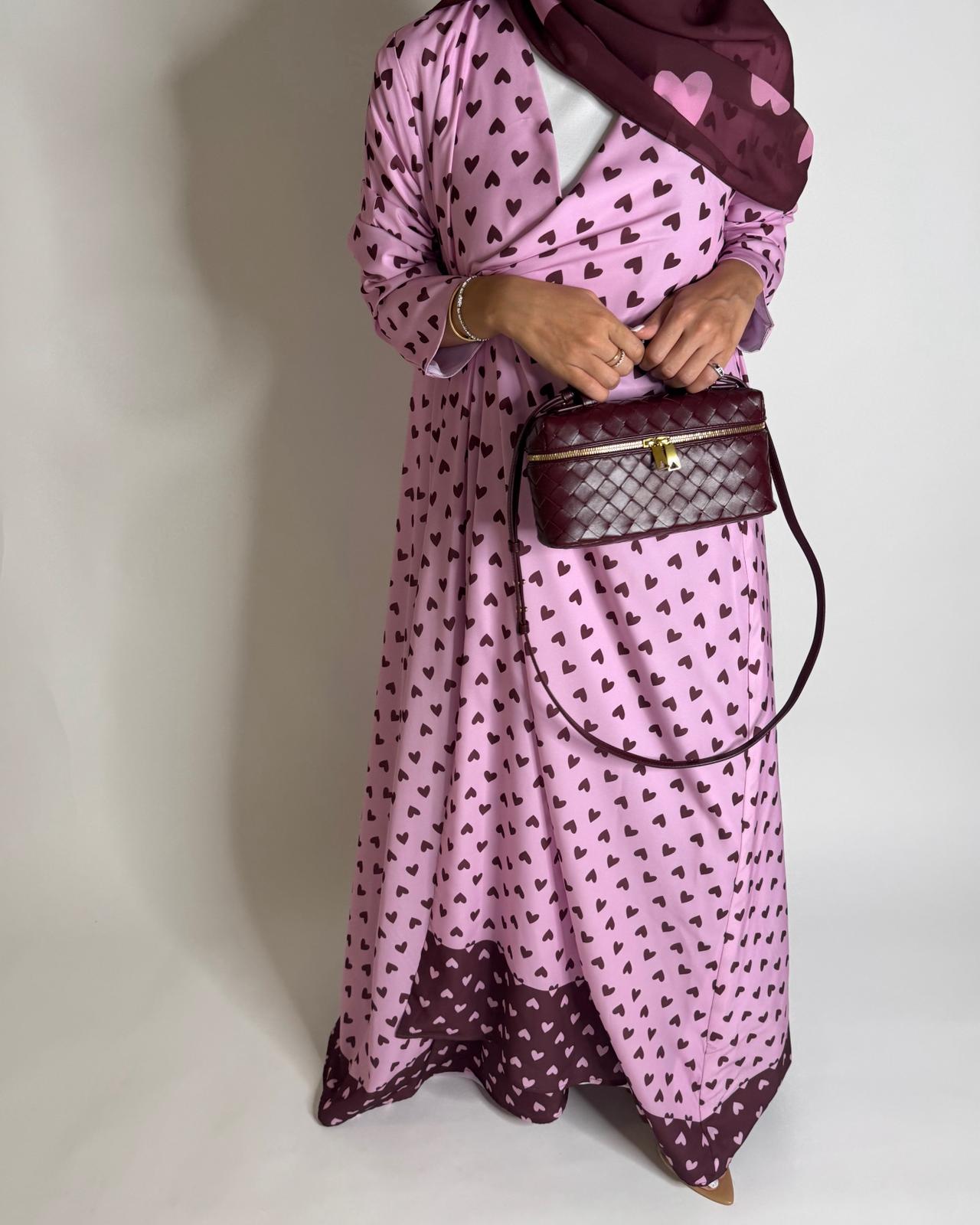 A604 -  Pink & Maroon Heart A-CUT Wrap Summery Abaya & Matching Head Scarf