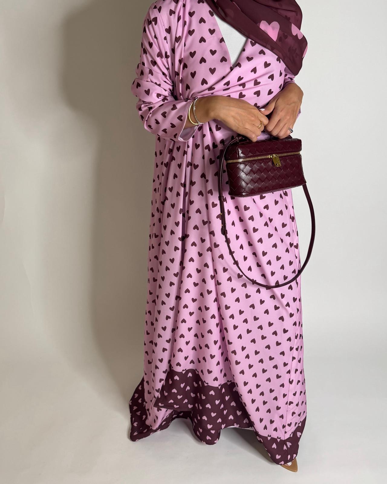 A604 -  Pink & Maroon Heart A-CUT Wrap Summery Abaya & Matching Head Scarf