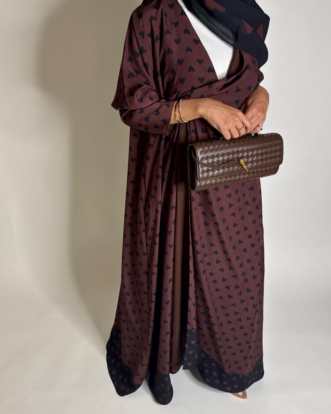 A606 -  Shades of Brown Heart A-CUT Wrap Summery Abaya & Matching Head Scarf
