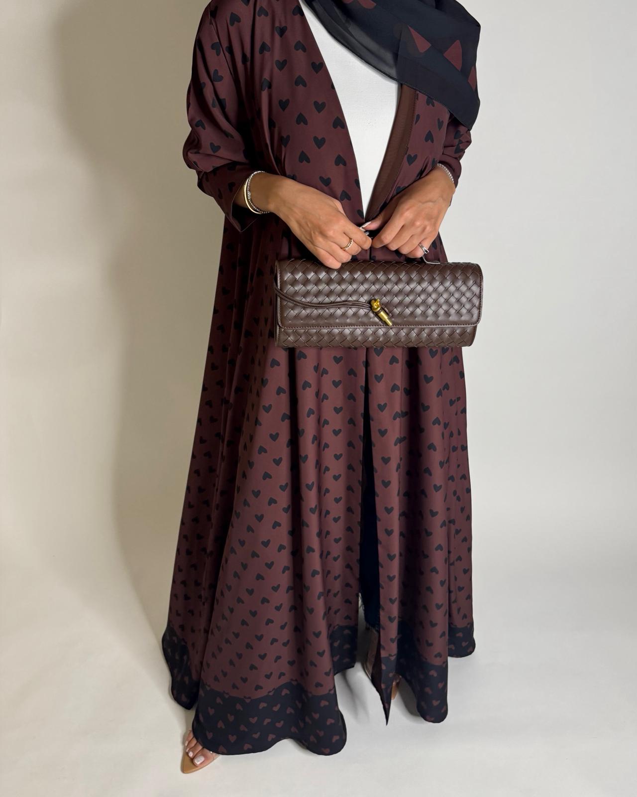 A606 -  Shades of Brown Heart A-CUT Wrap Summery Abaya & Matching Head Scarf