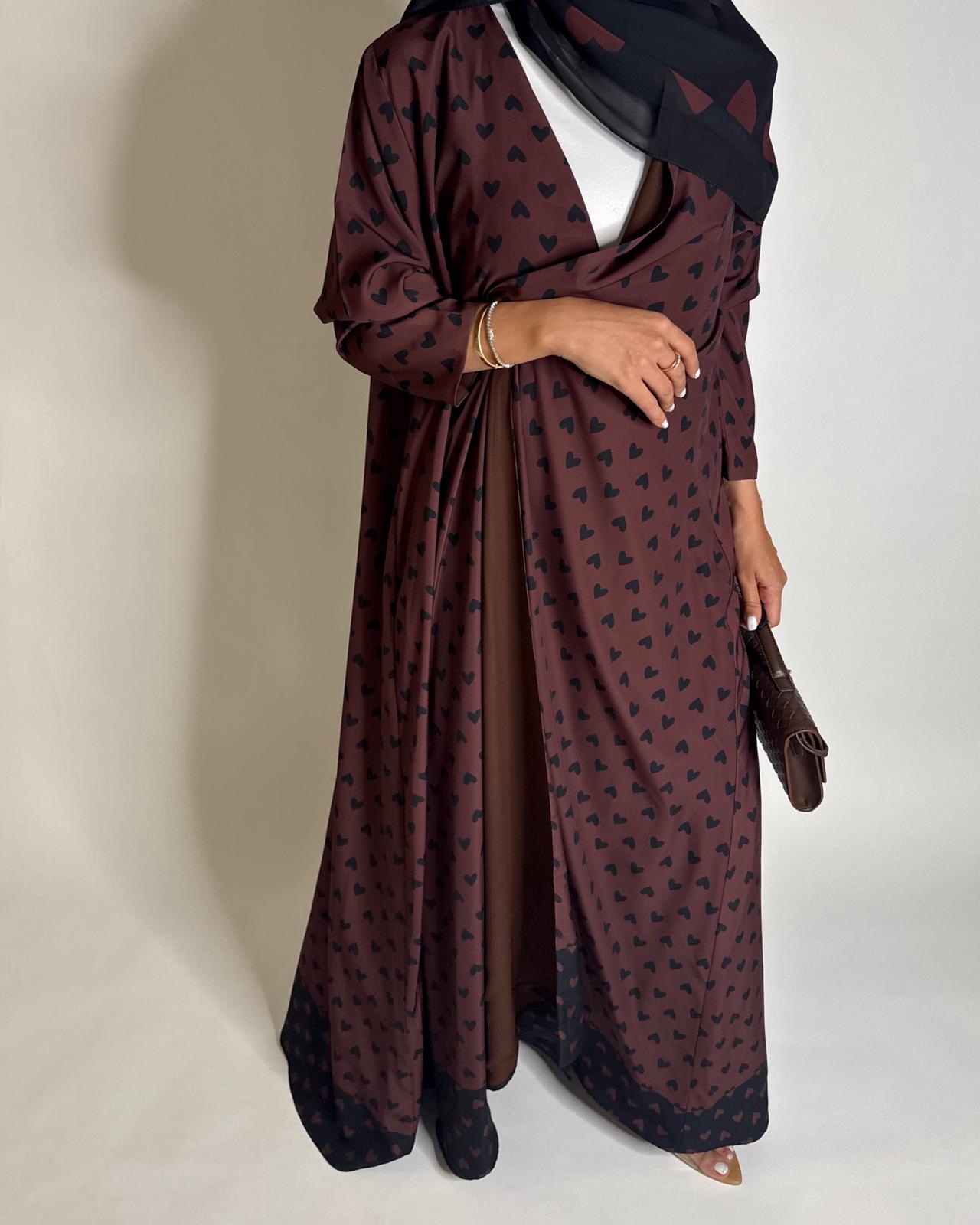 A606 -  Shades of Brown Heart A-CUT Wrap Summery Abaya & Matching Head Scarf
