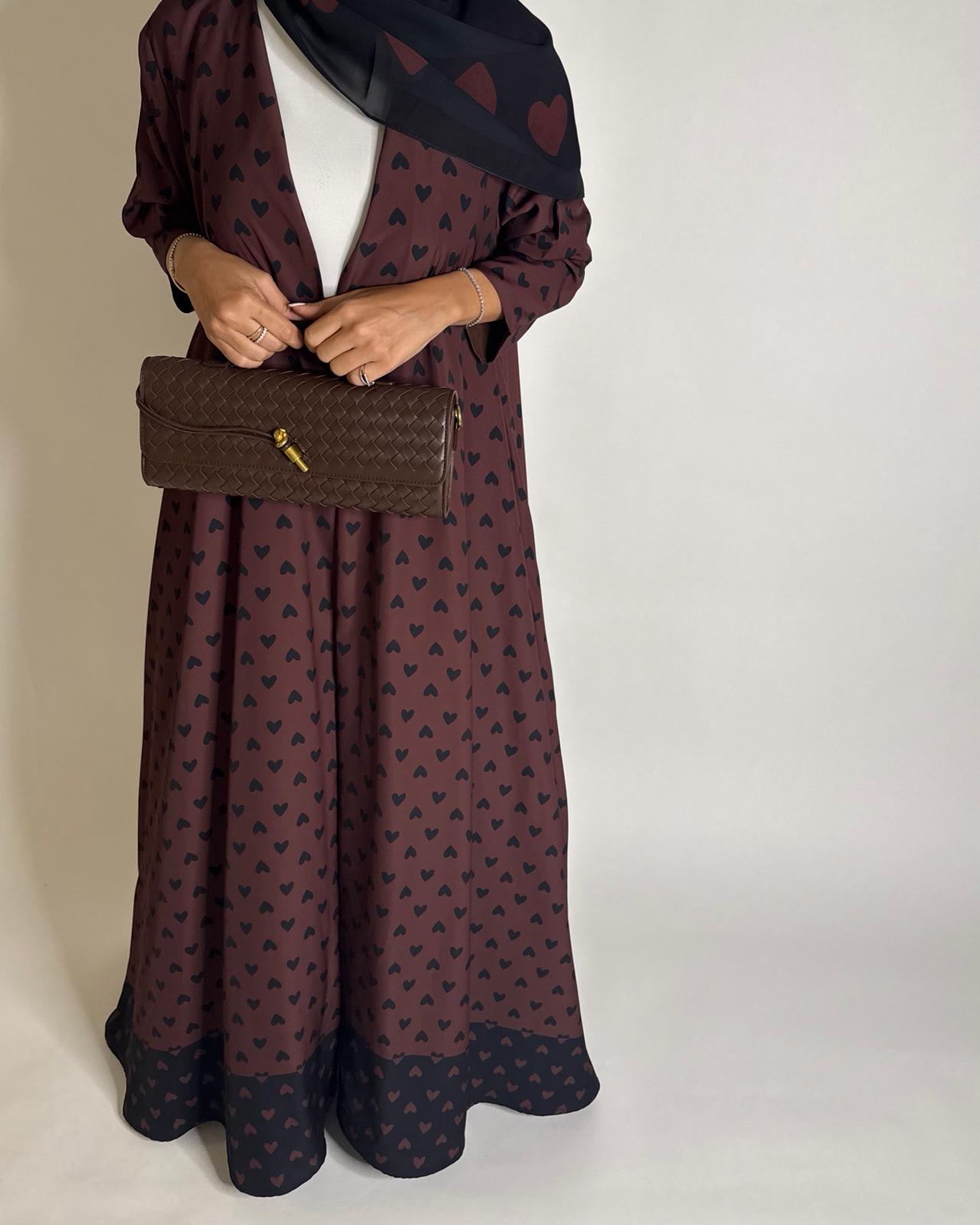 A606 -  Shades of Brown Heart A-CUT Wrap Summery Abaya & Matching Head Scarf